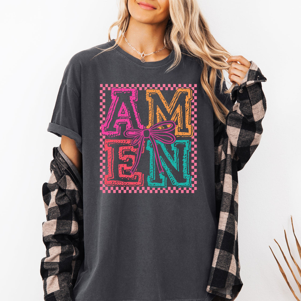Colorful Amen Bows Coquette Christian Jesus Gospel Faith Saved Comfort Colors Tee
