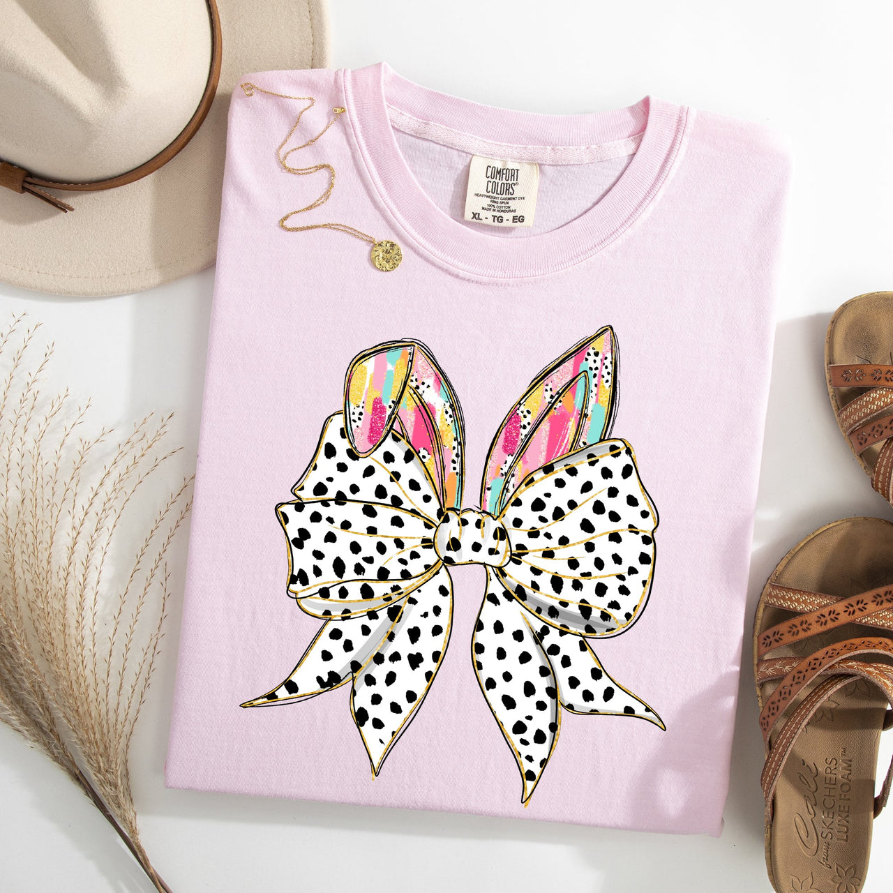 Coquette Dalmatian Print Rabbit Ears Ribbon Bows Easter Bunny Jesus Rabbit Holiday Comfort Colors Tee