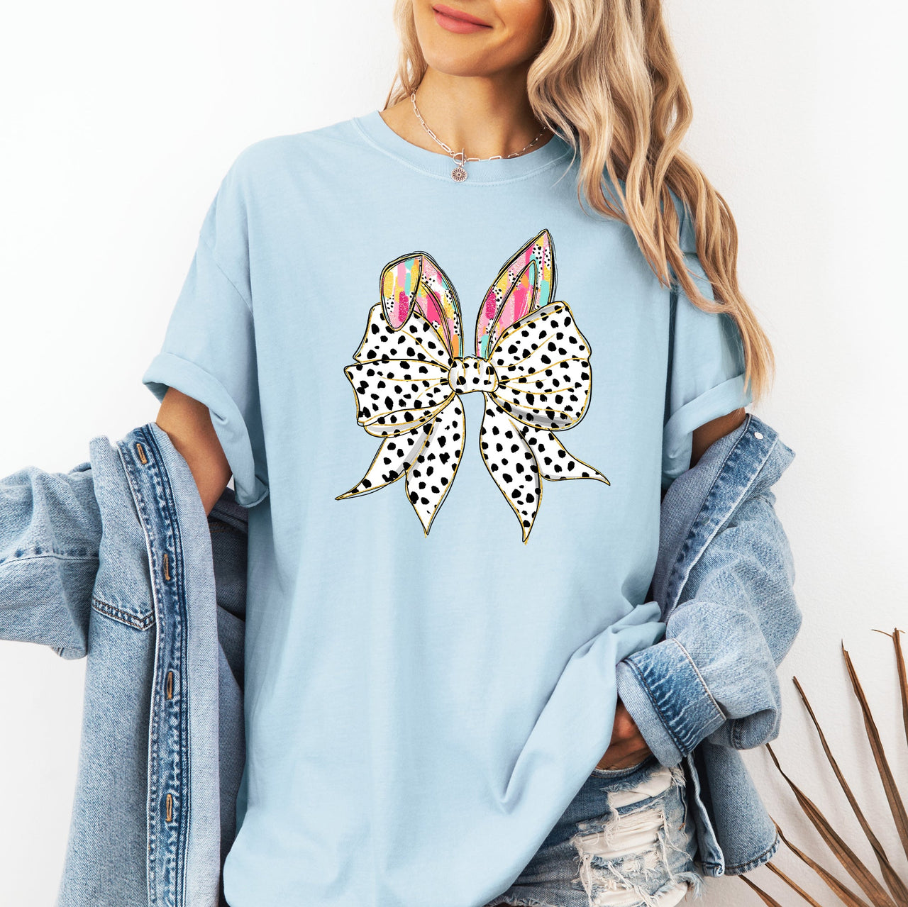 Coquette Dalmatian Print Rabbit Ears Ribbon Bows Easter Bunny Jesus Rabbit Holiday Comfort Colors Tee