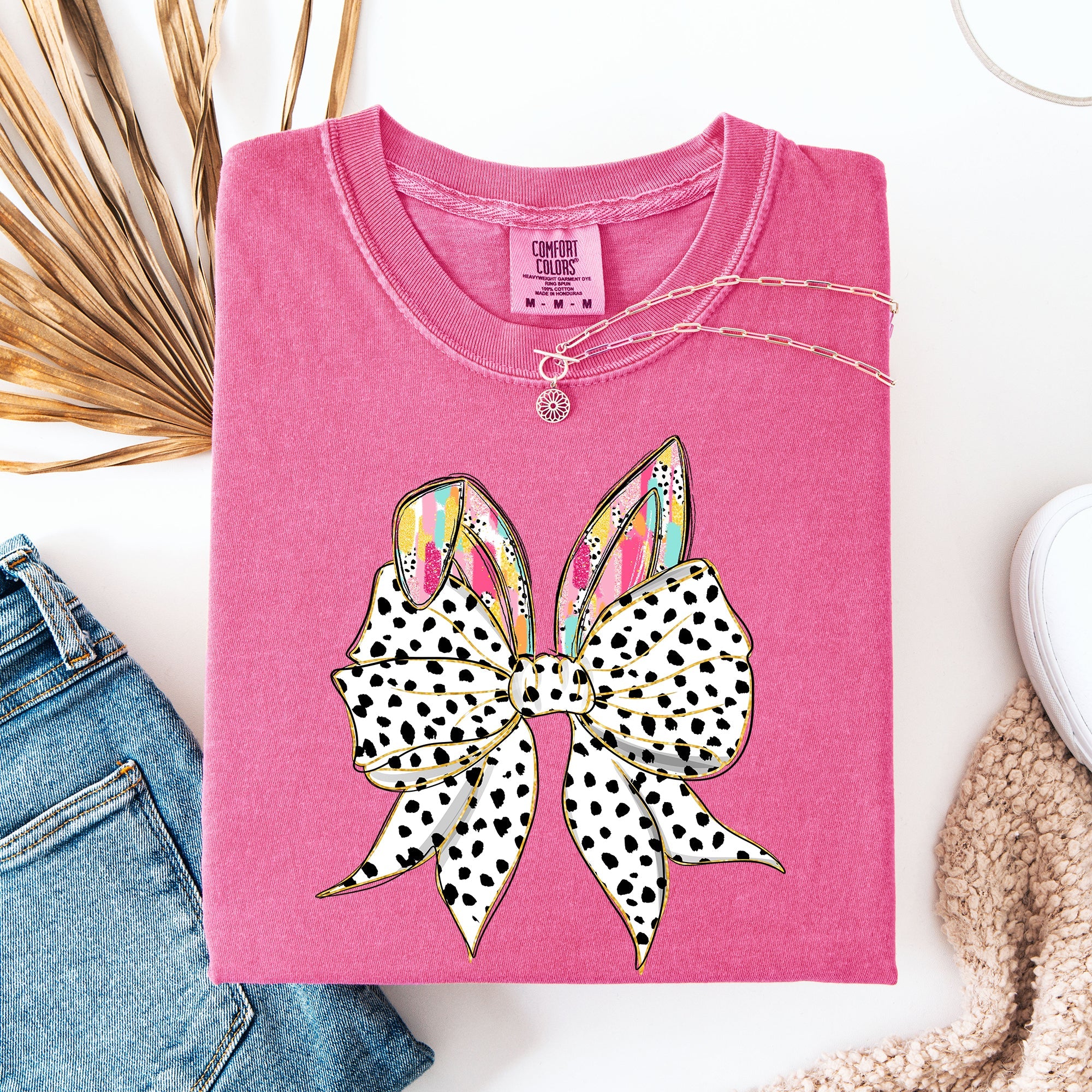 Coquette Dalmatian Print Rabbit Ears Ribbon Bows Easter Bunny Jesus Rabbit Holiday Comfort Colors Tee