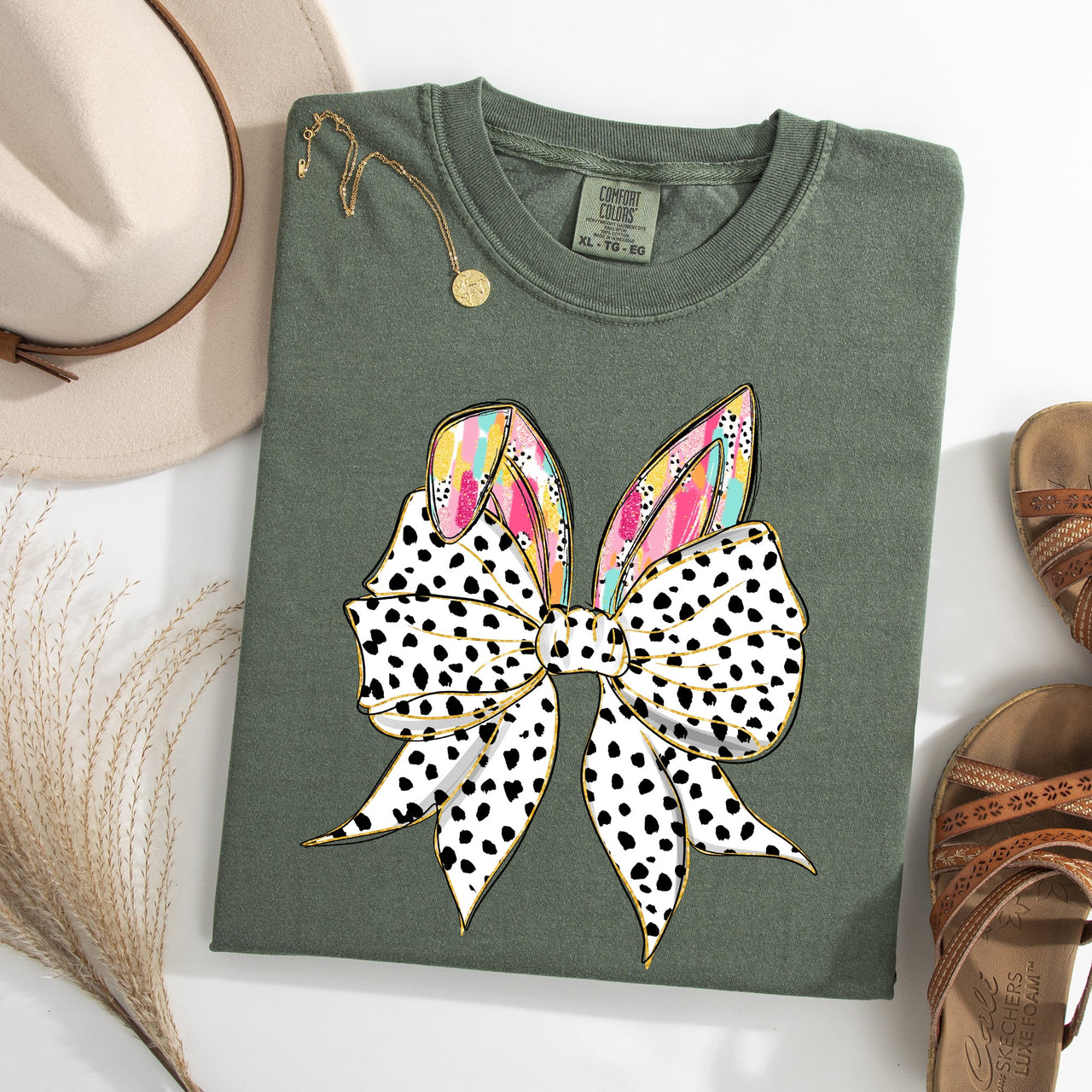 Coquette Dalmatian Print Rabbit Ears Ribbon Bows Easter Bunny Jesus Rabbit Holiday Comfort Colors Tee