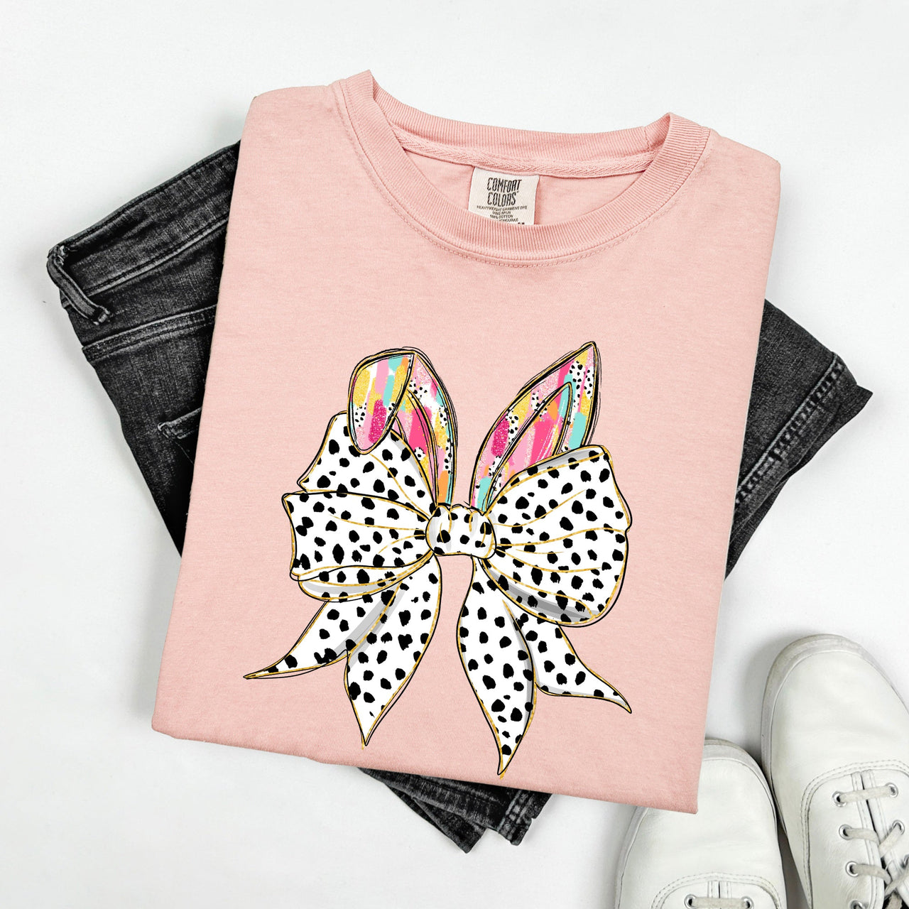 Coquette Dalmatian Print Rabbit Ears Ribbon Bows Easter Bunny Jesus Rabbit Holiday Comfort Colors Tee