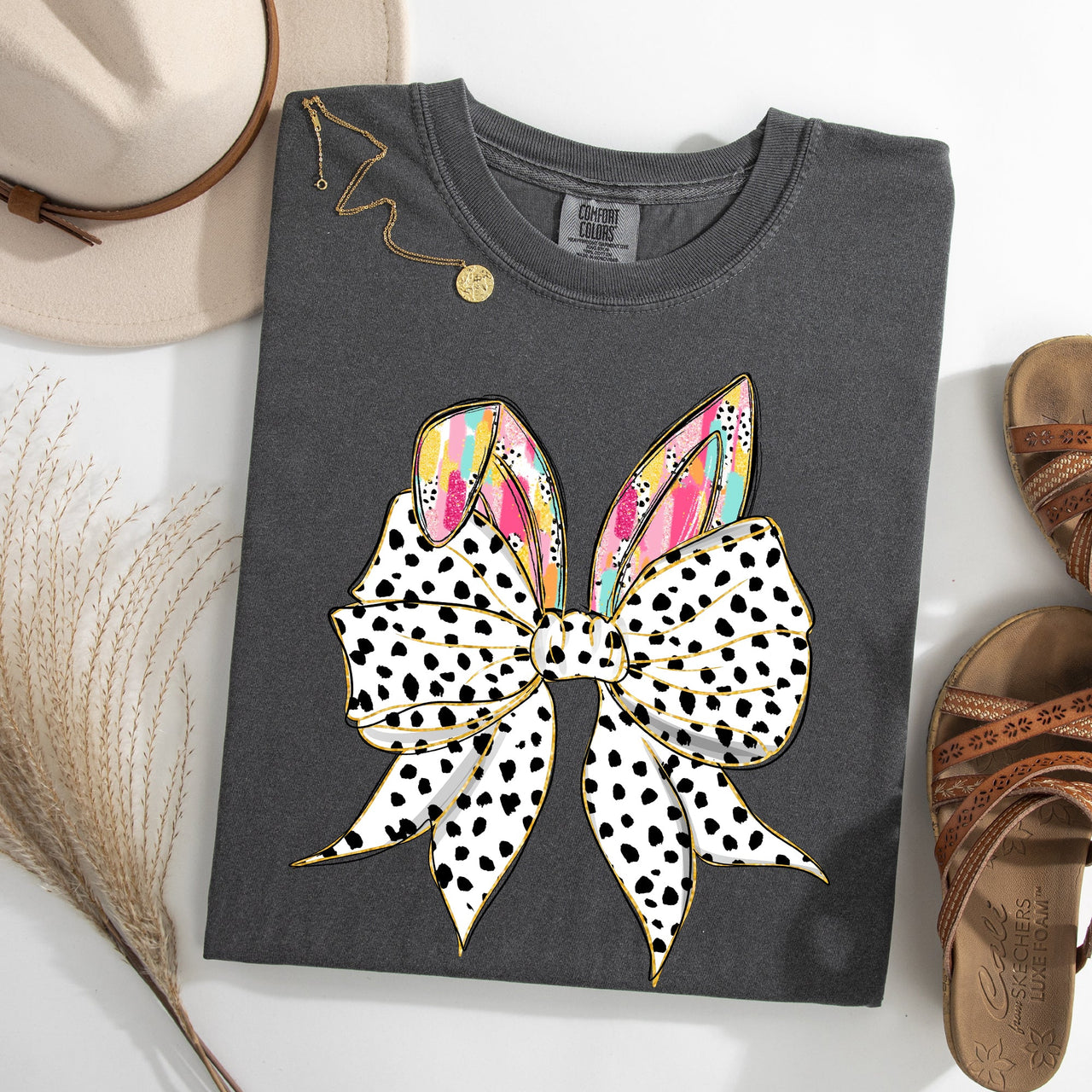 Coquette Dalmatian Print Rabbit Ears Ribbon Bows Easter Bunny Jesus Rabbit Holiday Comfort Colors Tee