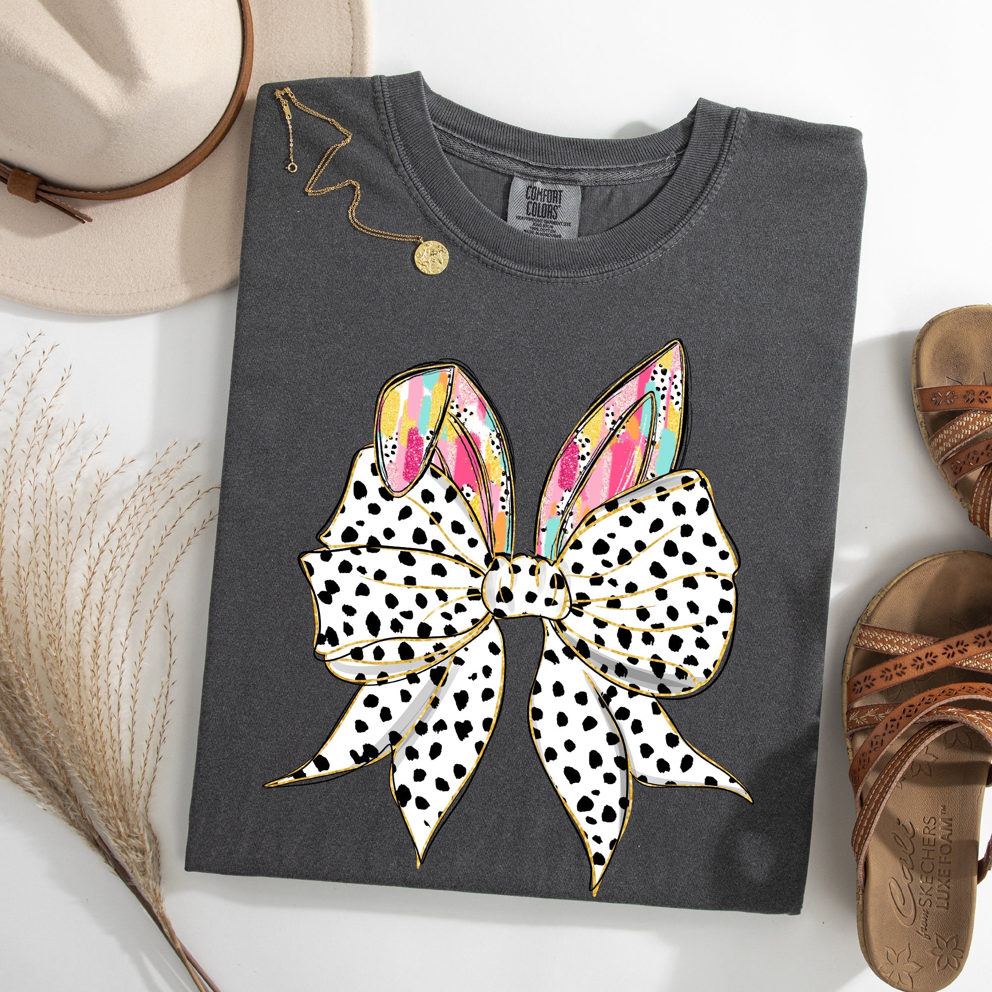 Coquette Dalmatian Print Rabbit Ears Ribbon Bows Easter Bunny Jesus Rabbit Holiday Comfort Colors Tee