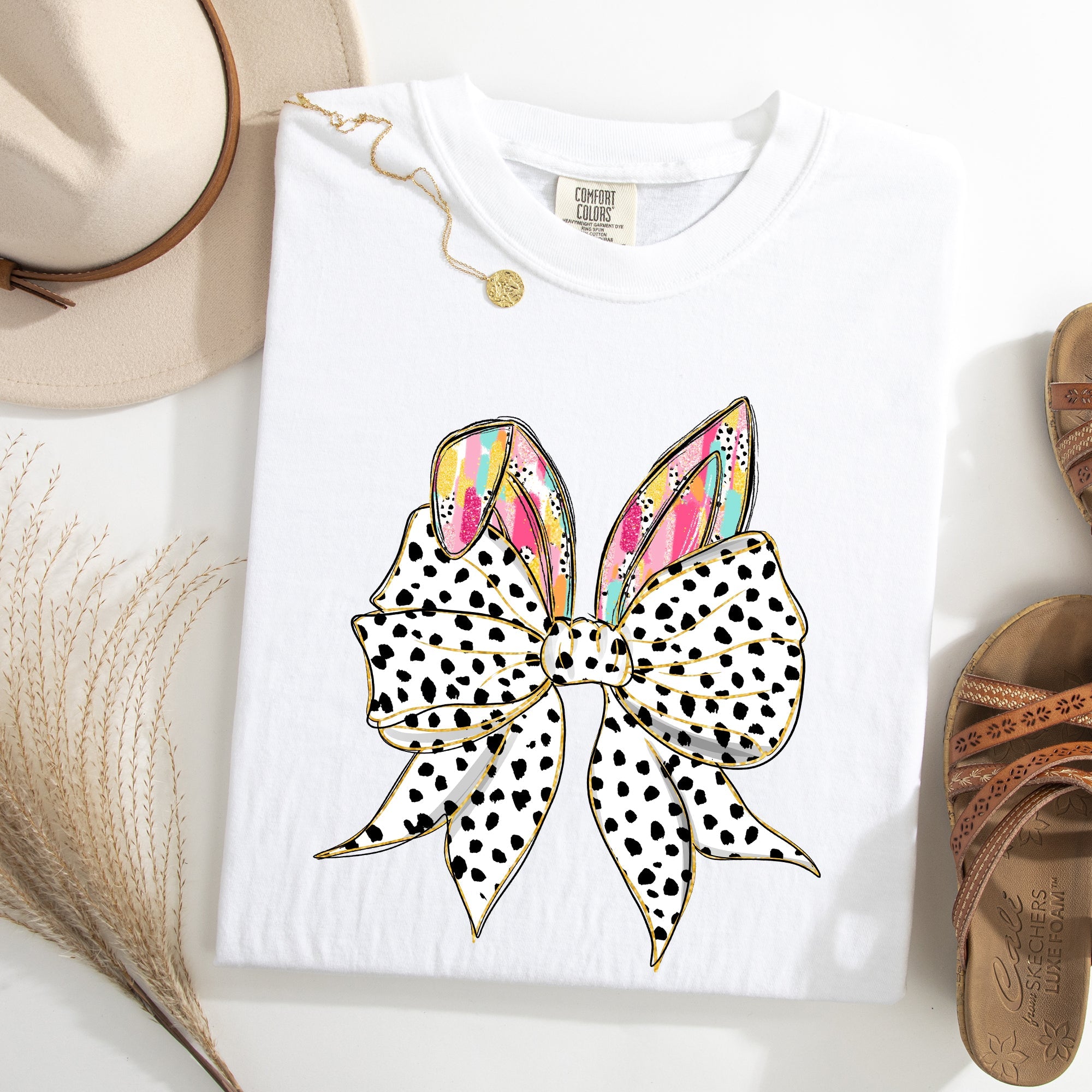Coquette Dalmatian Print Rabbit Ears Ribbon Bows Easter Bunny Jesus Rabbit Holiday Comfort Colors Tee