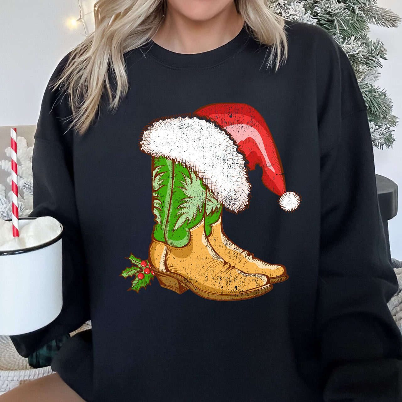 Country Christmas Cowboy Boots Cozy Fleece Western Holiday Graphic Print Sweatshirt