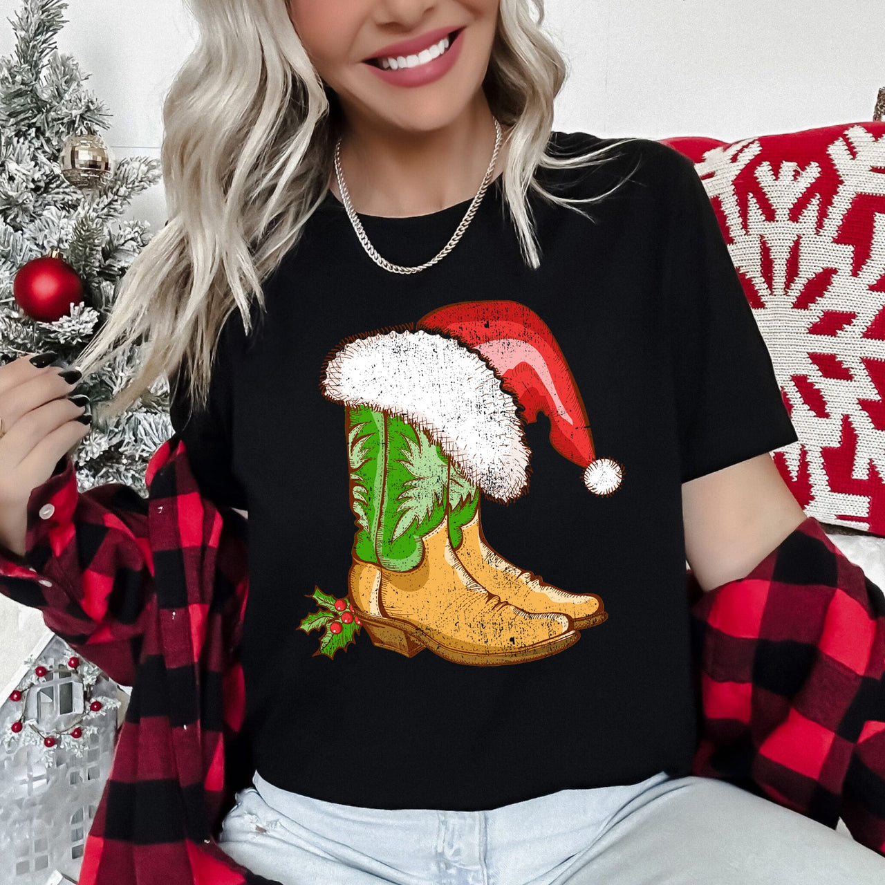 Country Christmas Cowboy Boots Santa Hat Western Holiday Festive Cozy Graphic Tee