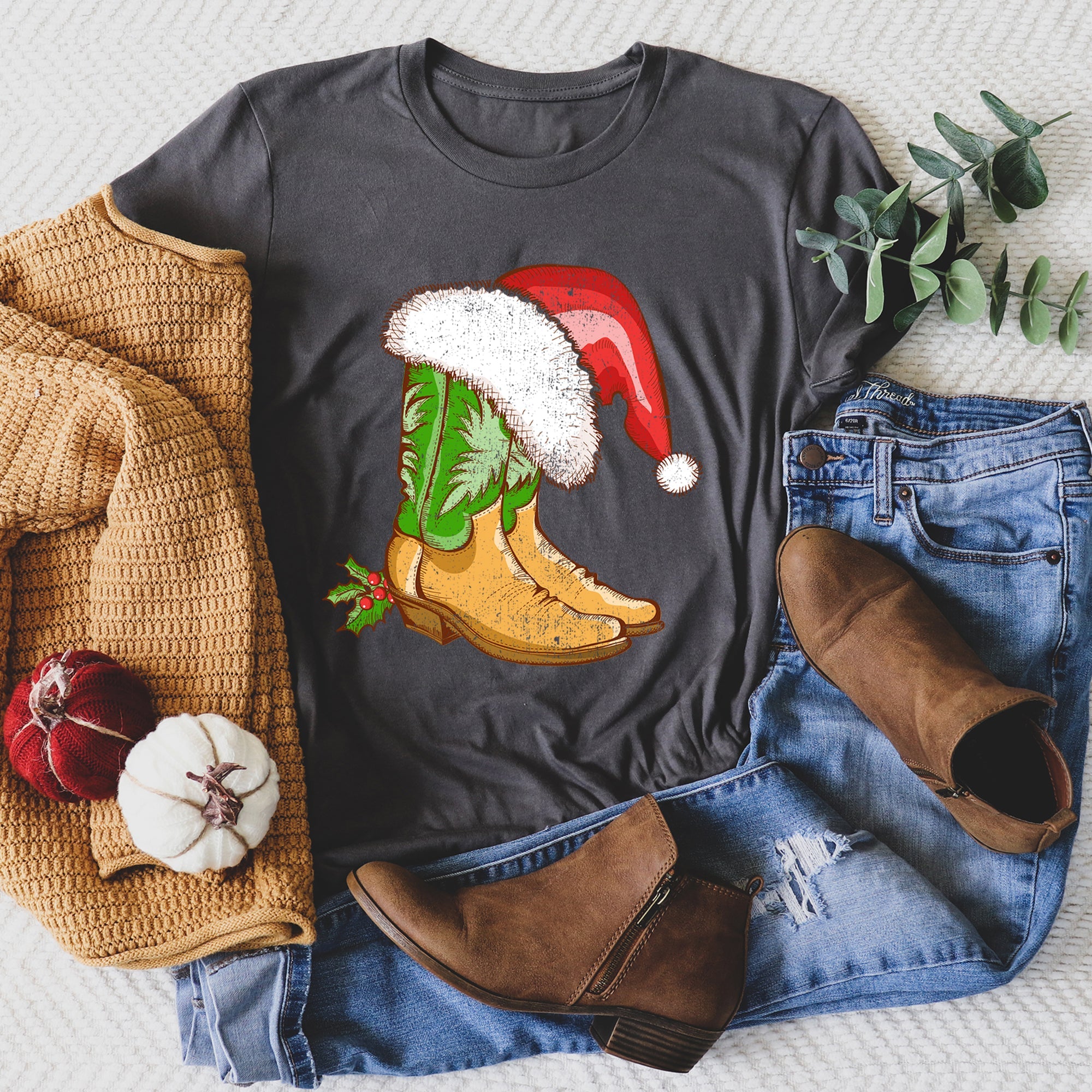 Country Christmas Cowboy Boots Santa Hat Western Holiday Festive Cozy Graphic Tee