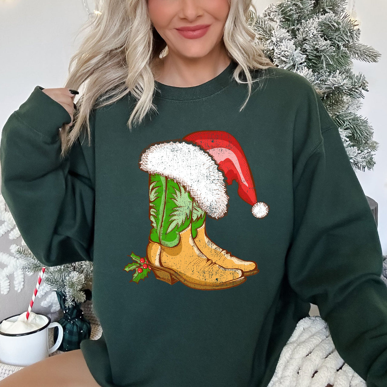Country Christmas Cowboy Boots Cozy Fleece Western Holiday Graphic Print Sweatshirt