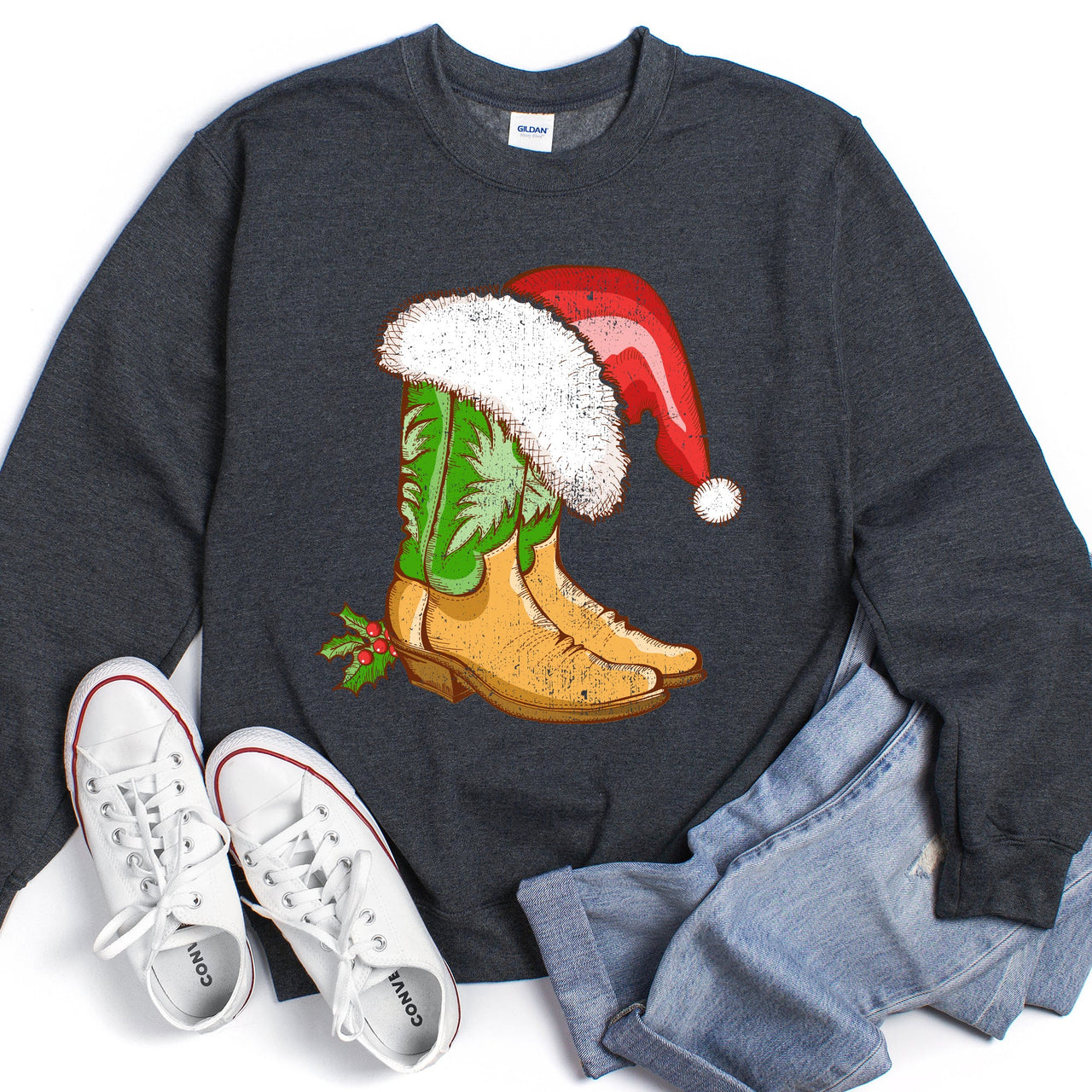 Country Christmas Cowboy Boots Cozy Fleece Western Holiday Graphic Print Sweatshirt