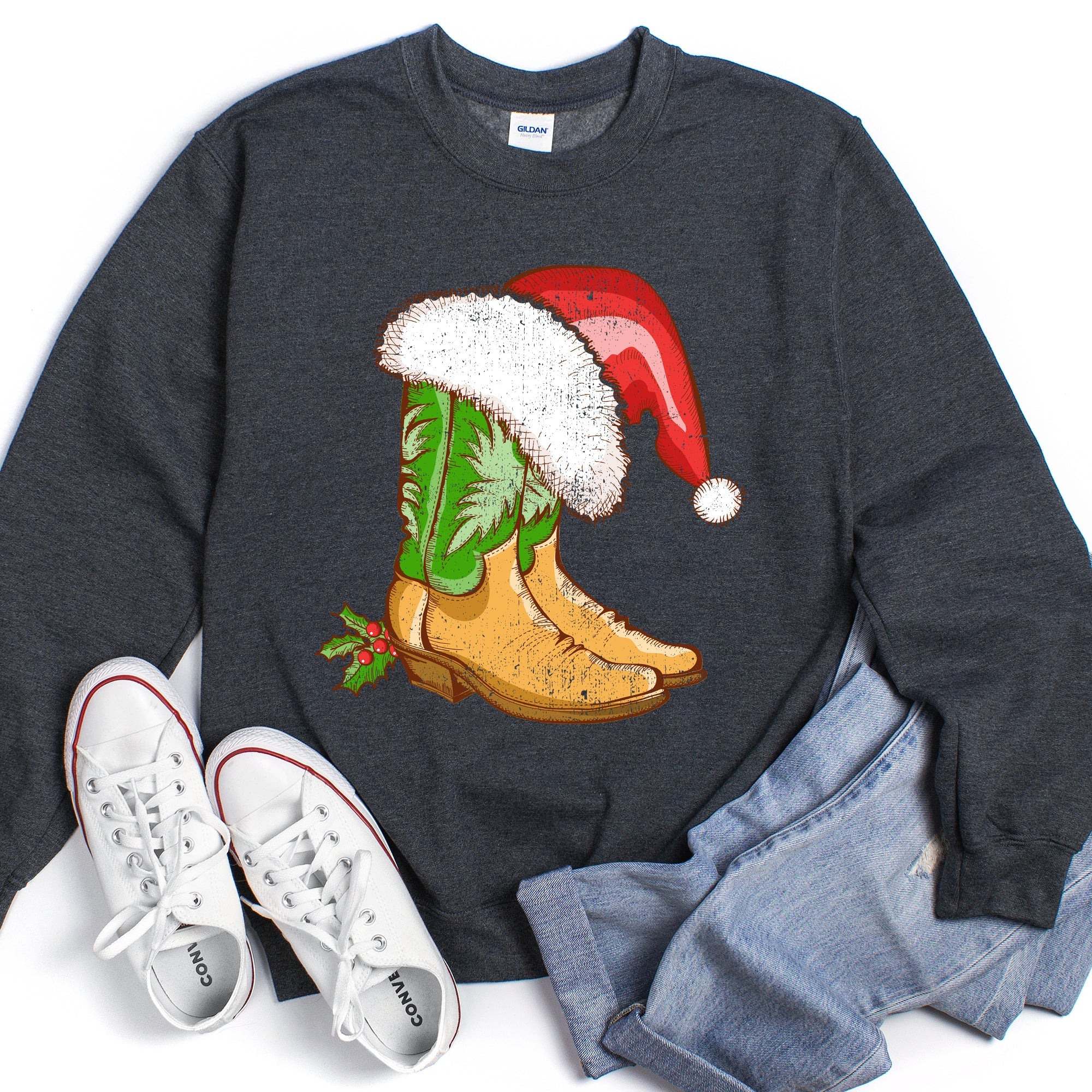 Country Christmas Cowboy Boots Cozy Fleece Western Holiday Graphic Print Sweatshirt