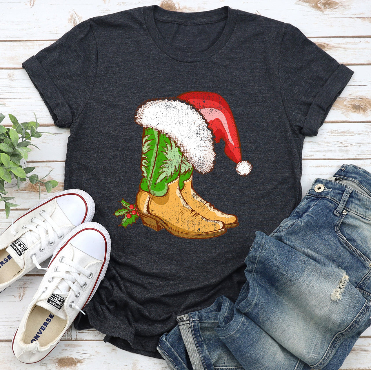 Country Christmas Cowboy Boots Santa Hat Western Holiday Festive Cozy Graphic Tee
