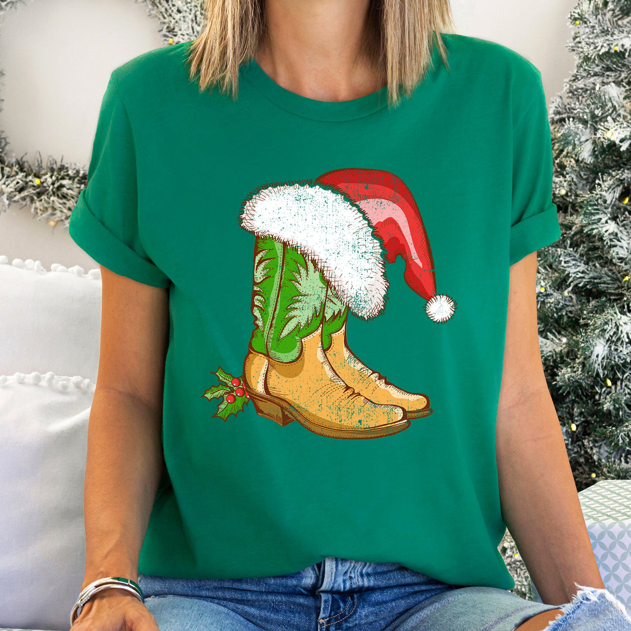 Country Christmas Cowboy Boots Santa Hat Western Holiday Festive Cozy Graphic Tee