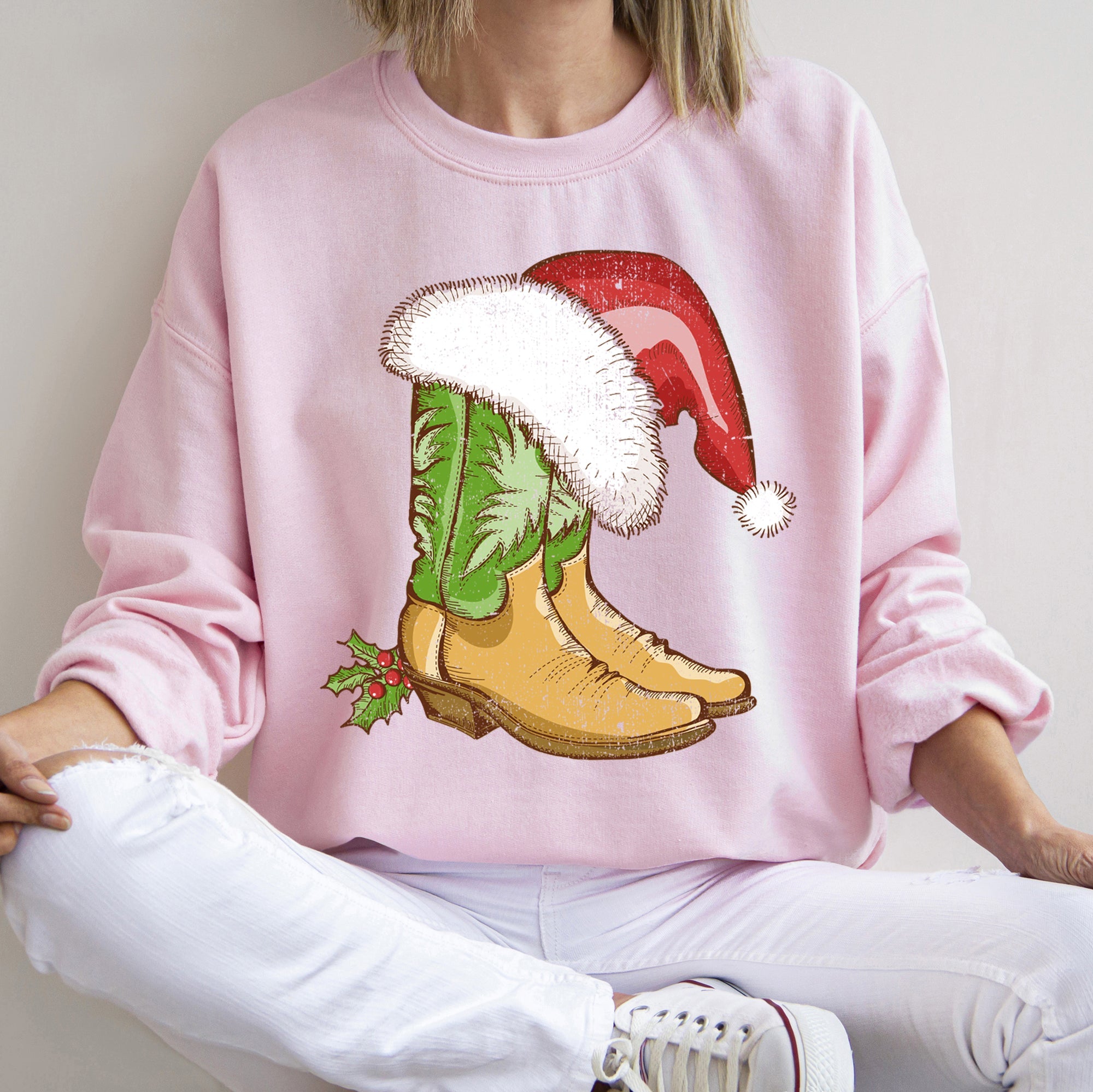 Country Christmas Cowboy Boots Cozy Fleece Western Holiday Graphic Print Sweatshirt