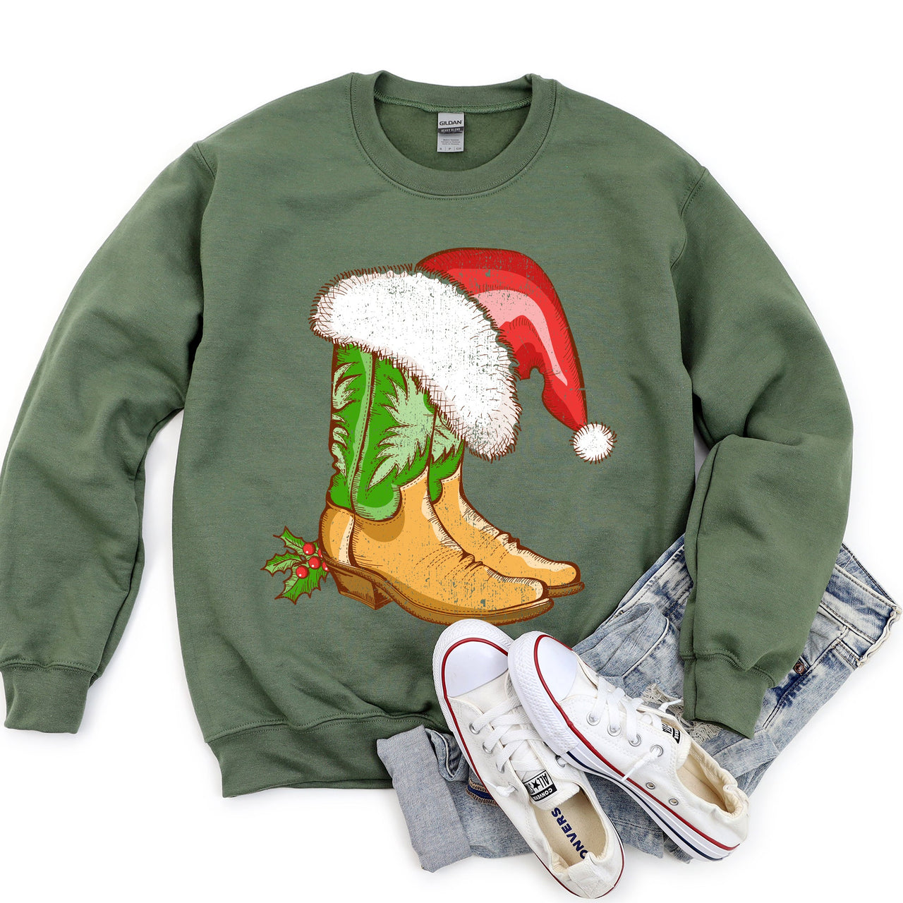 Country Christmas Cowboy Boots Cozy Fleece Western Holiday Graphic Print Sweatshirt