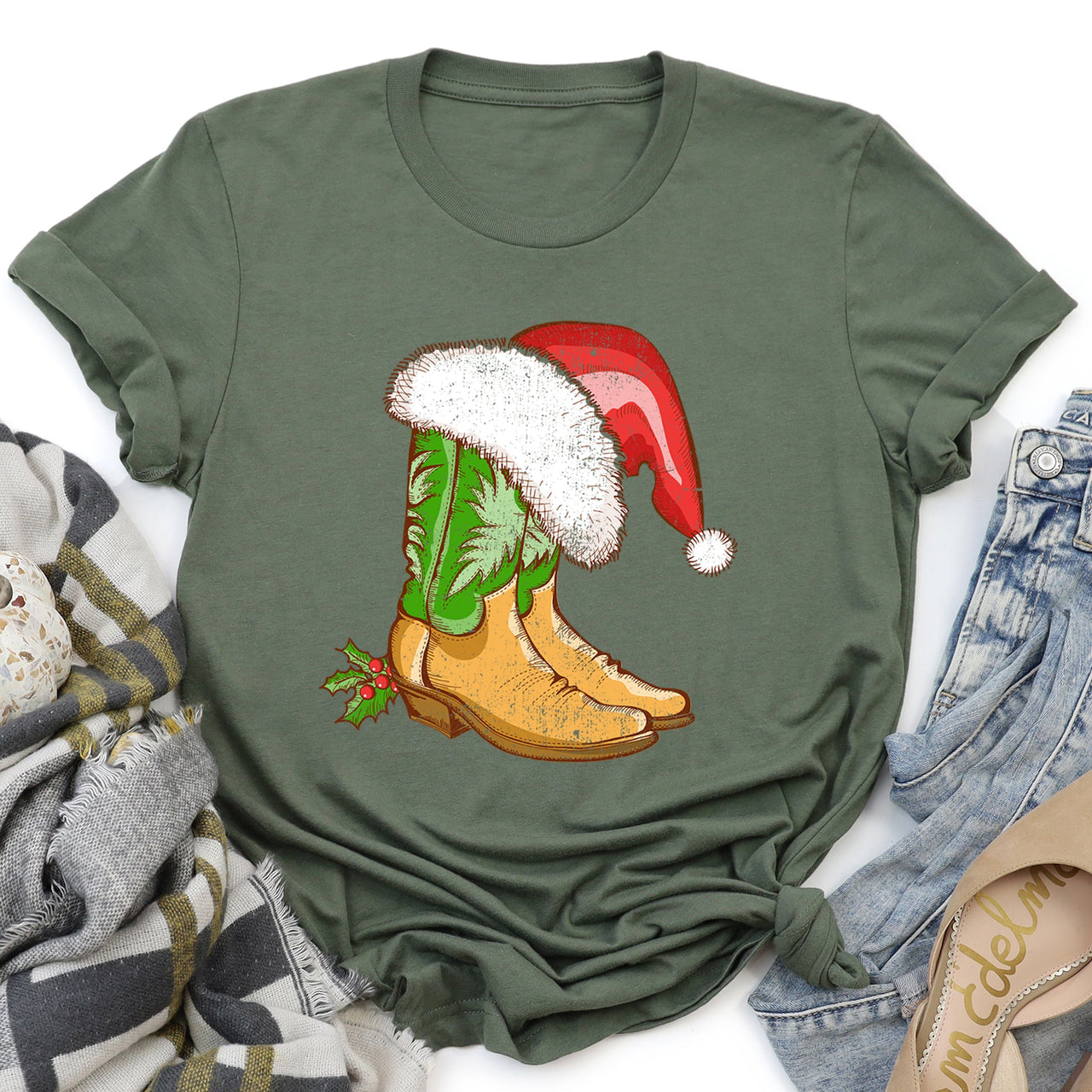 Country Christmas Cowboy Boots Santa Hat Western Holiday Festive Cozy Graphic Tee