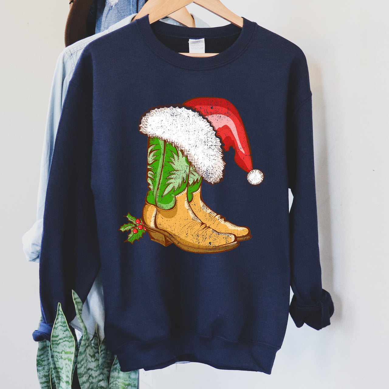 Country Christmas Cowboy Boots Cozy Fleece Western Holiday Graphic Print Sweatshirt