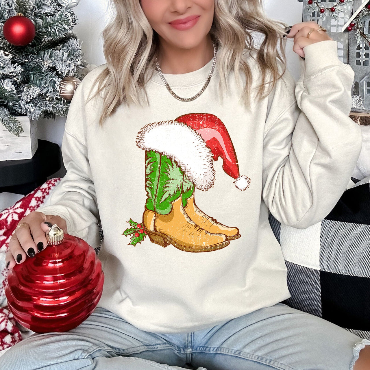 Country Christmas Cowboy Boots Cozy Fleece Western Holiday Graphic Print Sweatshirt
