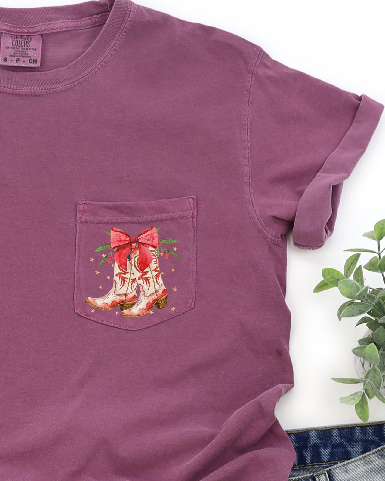 Cowboy Boots Pocket Christmas Bow Mistletoe Santa Winter Snow Xmas Comfort Colors Tee