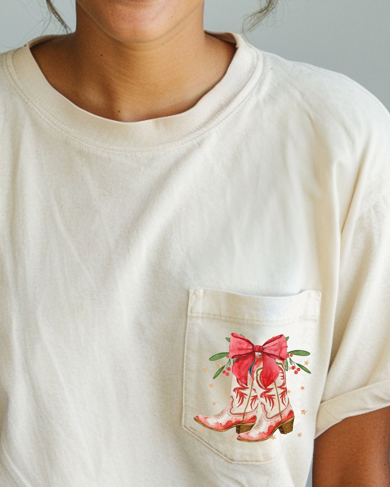 Cowboy Boots Pocket Christmas Bow Mistletoe Santa Winter Snow Xmas Comfort Colors Tee