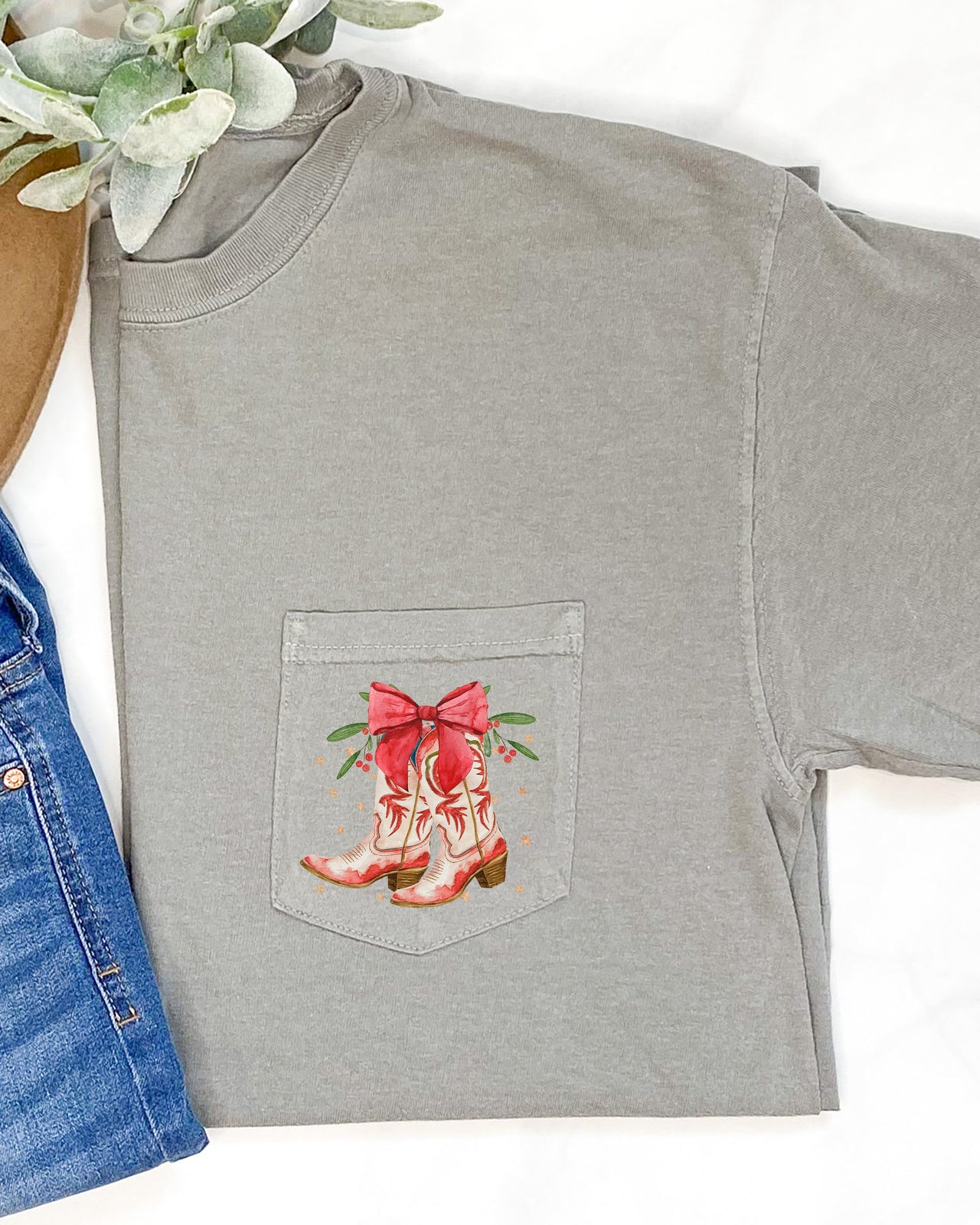 Cowboy Boots Pocket Christmas Bow Mistletoe Santa Winter Snow Xmas Comfort Colors Tee