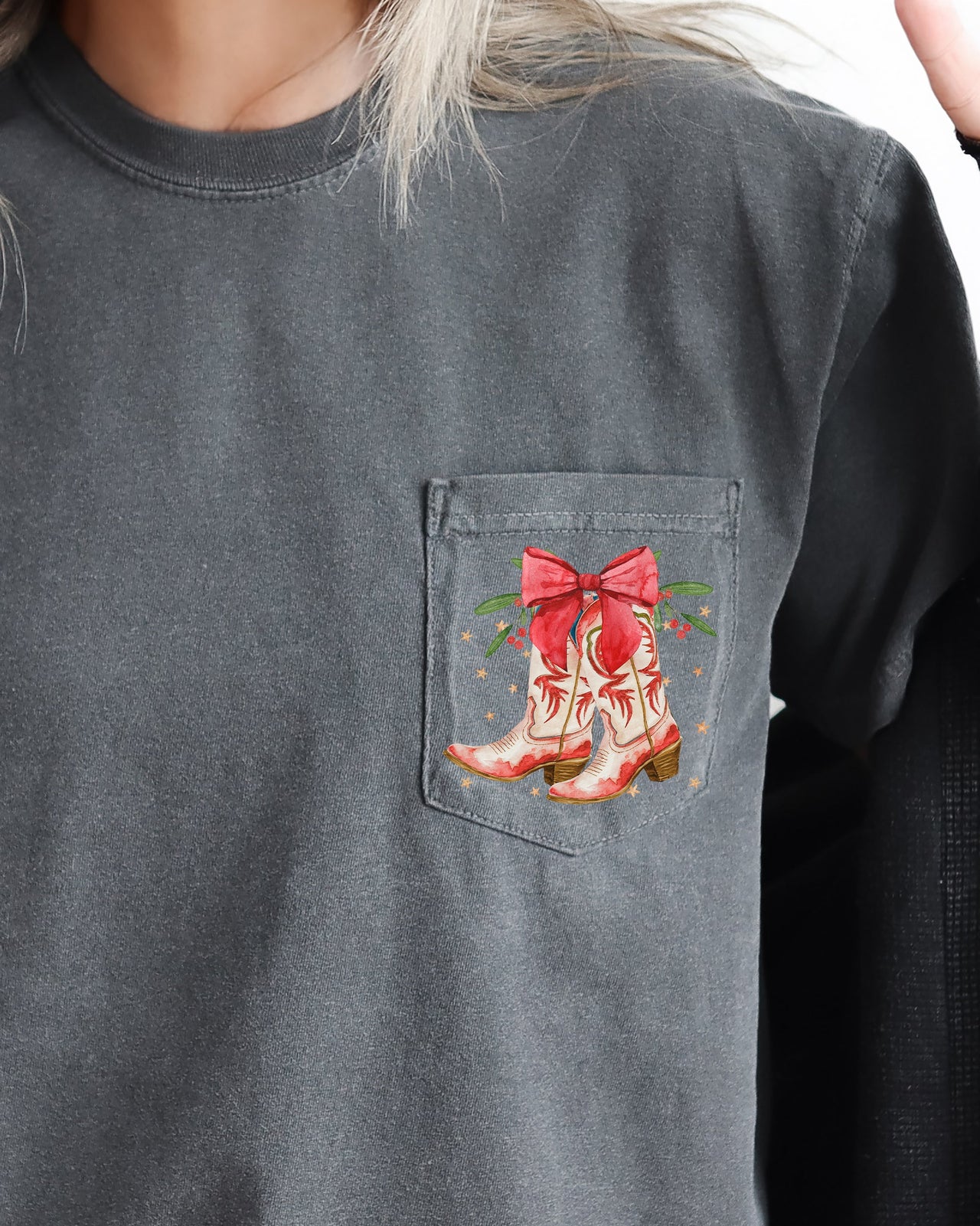 Cowboy Boots Pocket Christmas Bow Mistletoe Santa Winter Snow Xmas Comfort Colors Tee