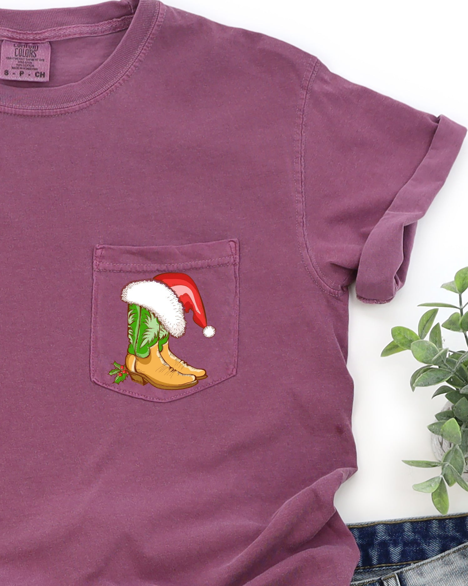 Cowboy Boots Pocket Santa Holly Cowgirl Western Christmas Snow Winter Xmas Comfort Colors Tee