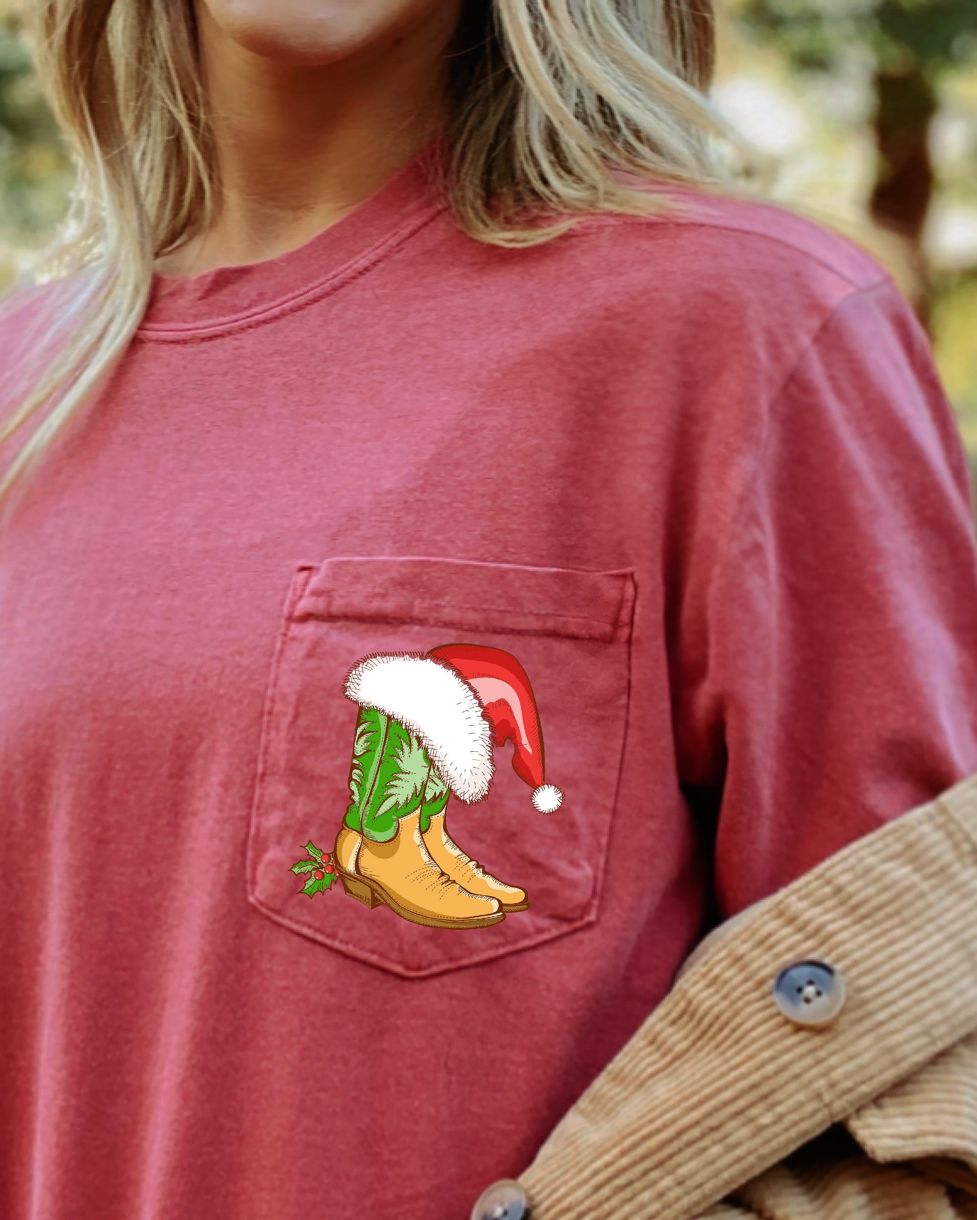 Cowboy Boots Pocket Santa Holly Cowgirl Western Christmas Snow Winter Xmas Comfort Colors Tee
