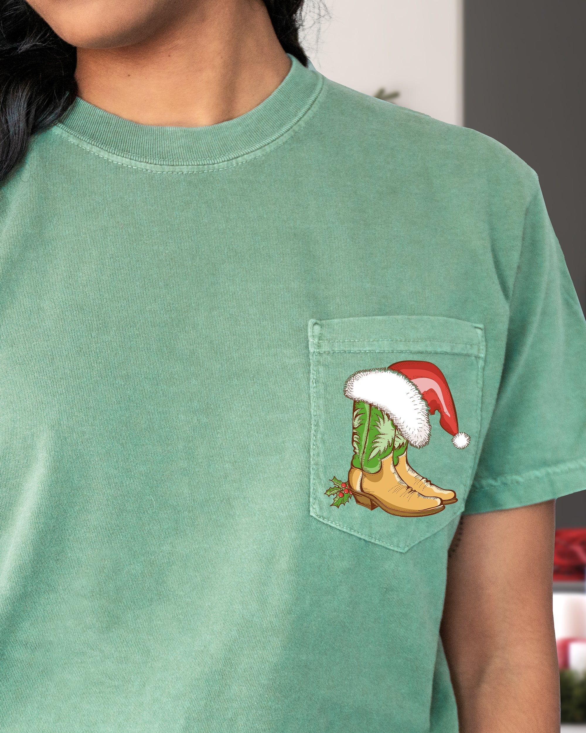 Cowboy Boots Pocket Santa Holly Cowgirl Western Christmas Snow Winter Xmas Comfort Colors Tee