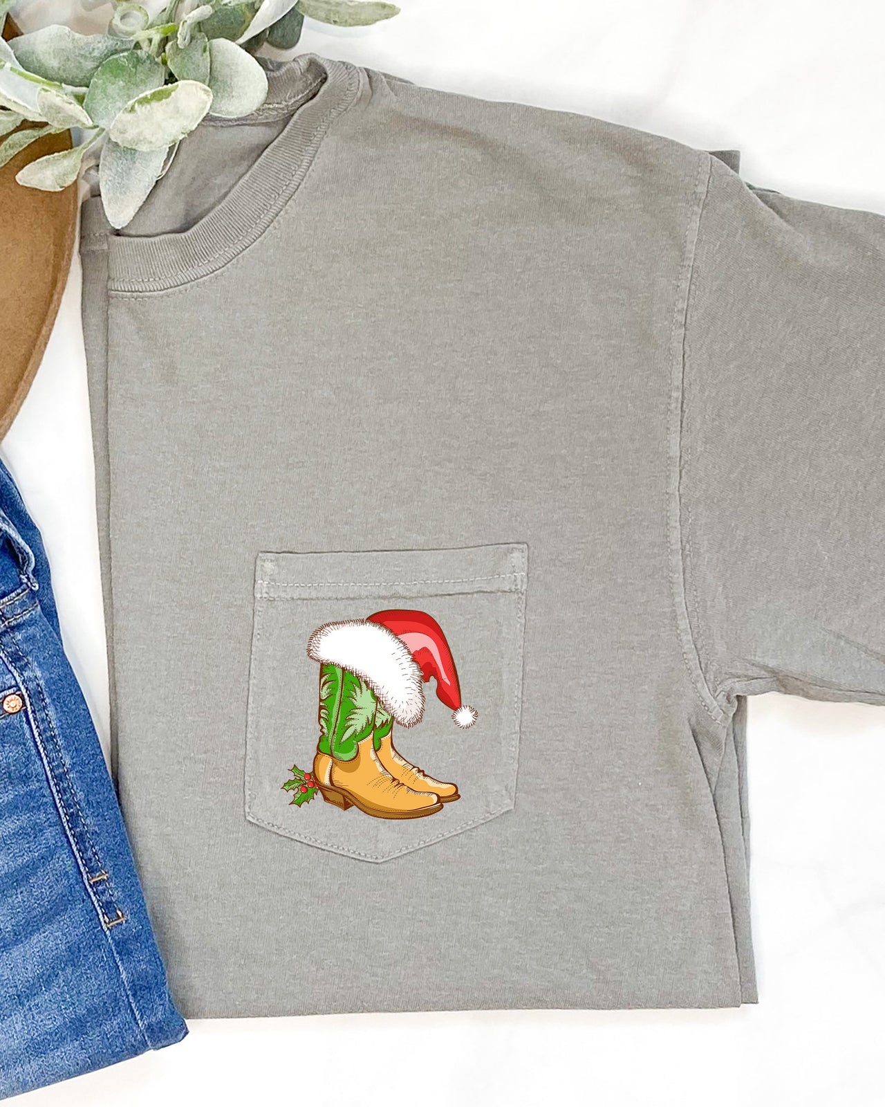 Cowboy Boots Pocket Santa Holly Cowgirl Western Christmas Snow Winter Xmas Comfort Colors Tee
