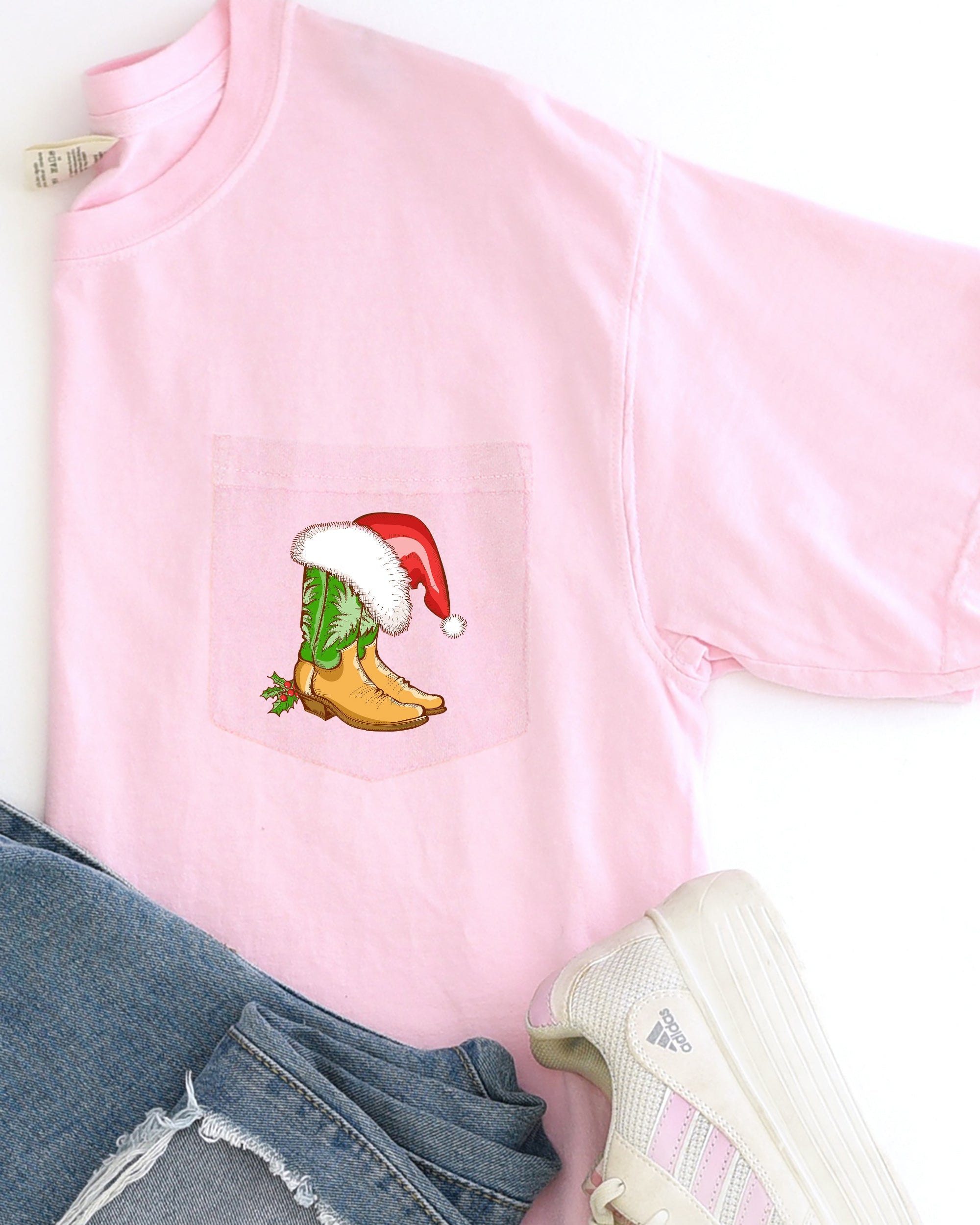 Cowboy Boots Pocket Santa Holly Cowgirl Western Christmas Snow Winter Xmas Comfort Colors Tee