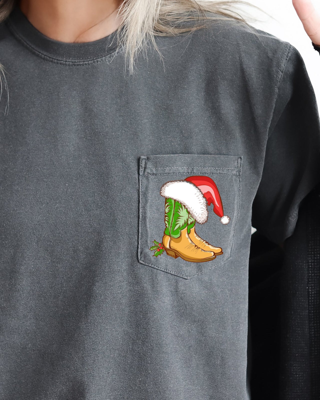 Cowboy Boots Pocket Santa Holly Cowgirl Western Christmas Snow Winter Xmas Comfort Colors Tee