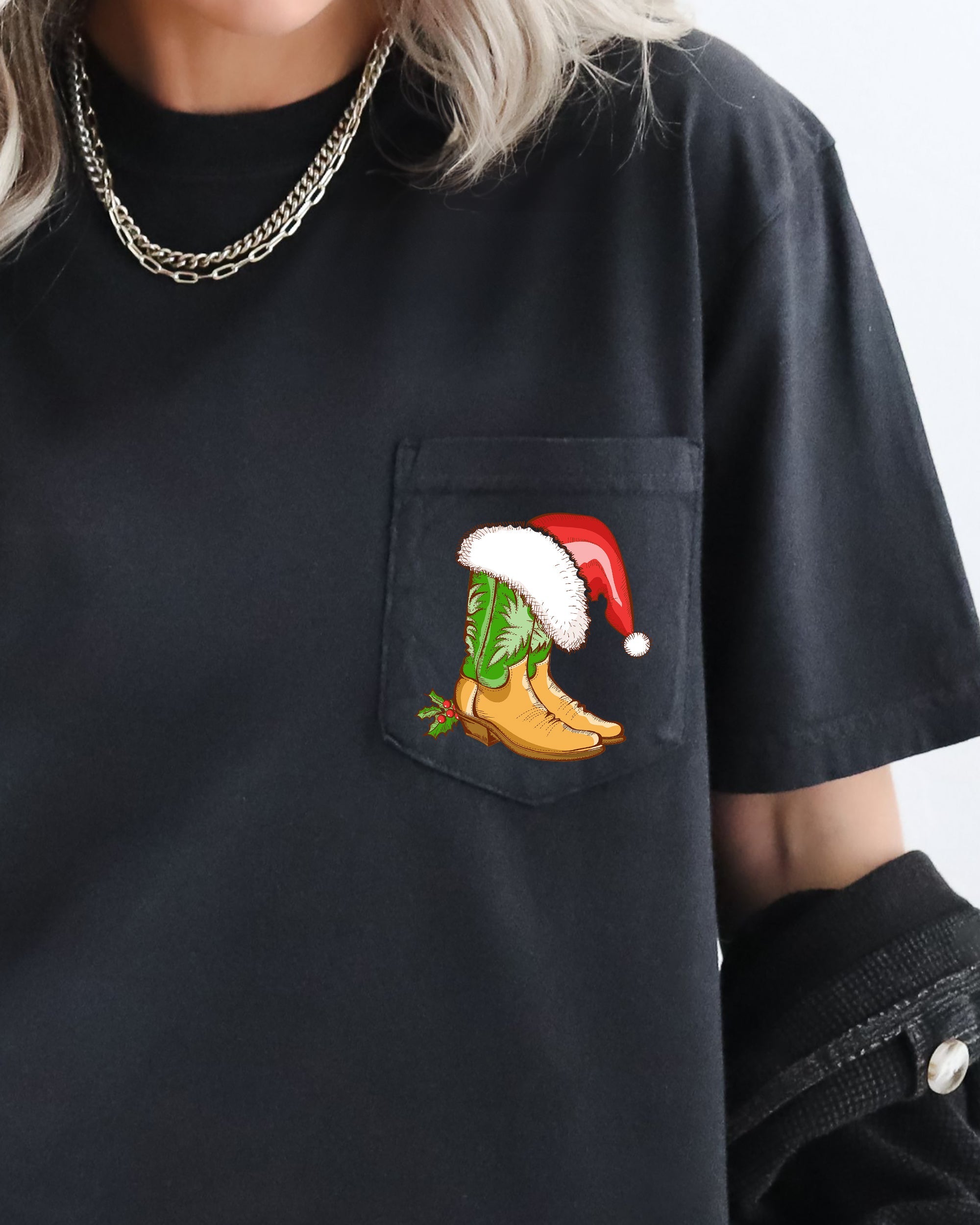 Cowboy Boots Pocket Santa Holly Cowgirl Western Christmas Snow Winter Xmas Comfort Colors Tee
