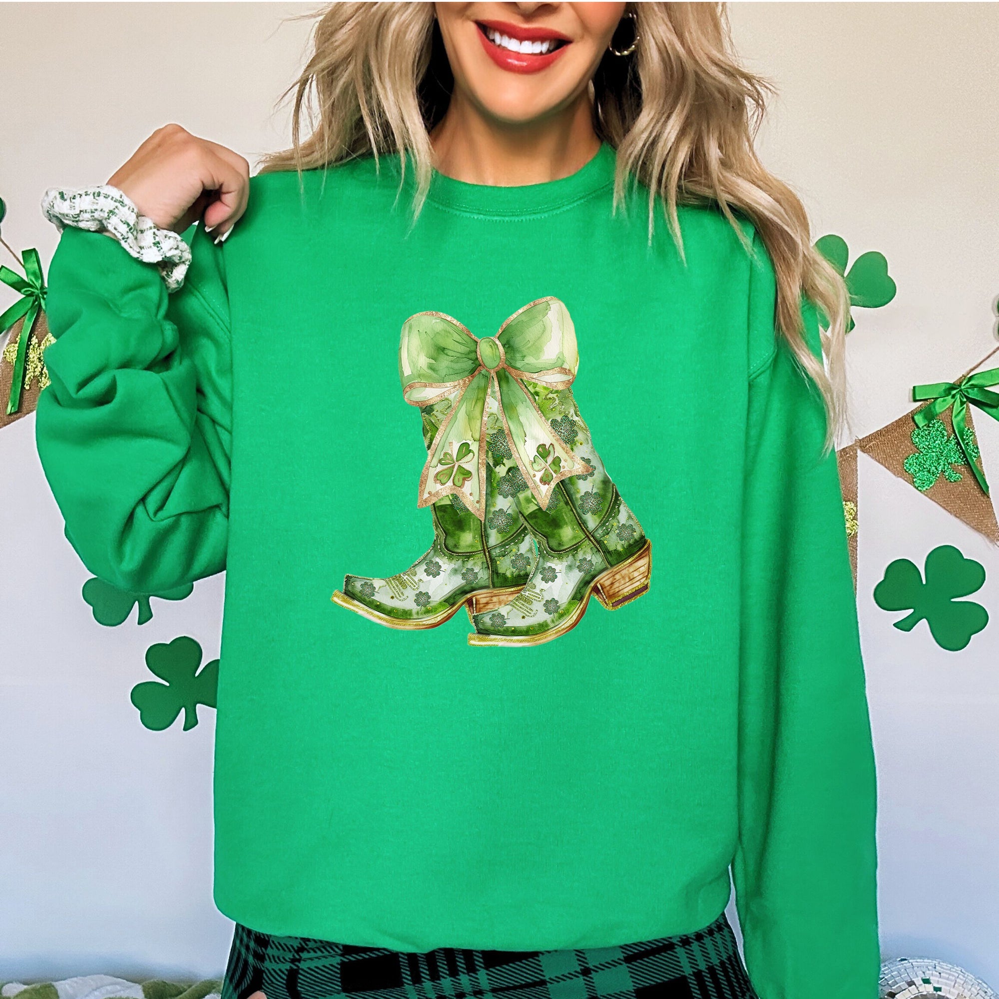 Cowboy Boots St Patrick's Day Shamrock Clover Lucky Leprechaun Festive Traditional Irish Luck Sweatshirt