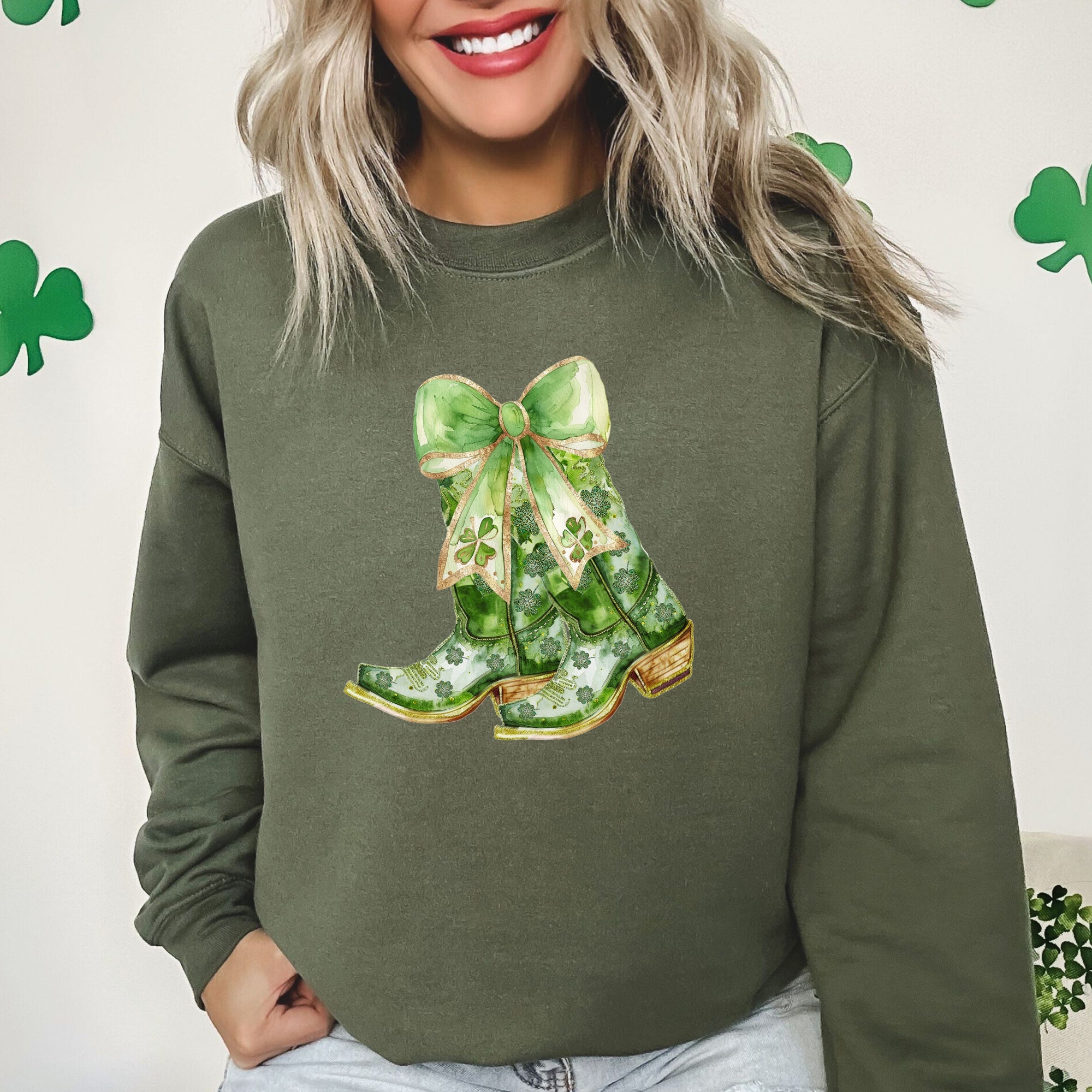 Cowboy Boots St Patrick's Day Shamrock Clover Lucky Leprechaun Festive Traditional Irish Luck Sweatshirt