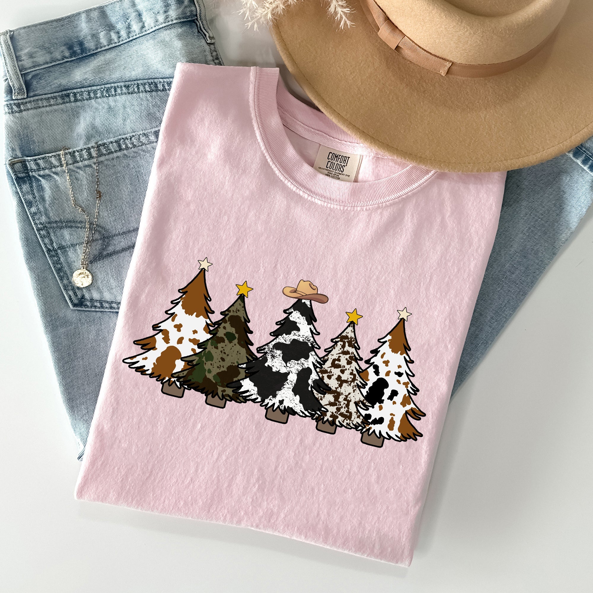 Cowboy Christmas Trees With Winter Snow Santa Silhouette Western Holiday Scene Comfort Colors Tee