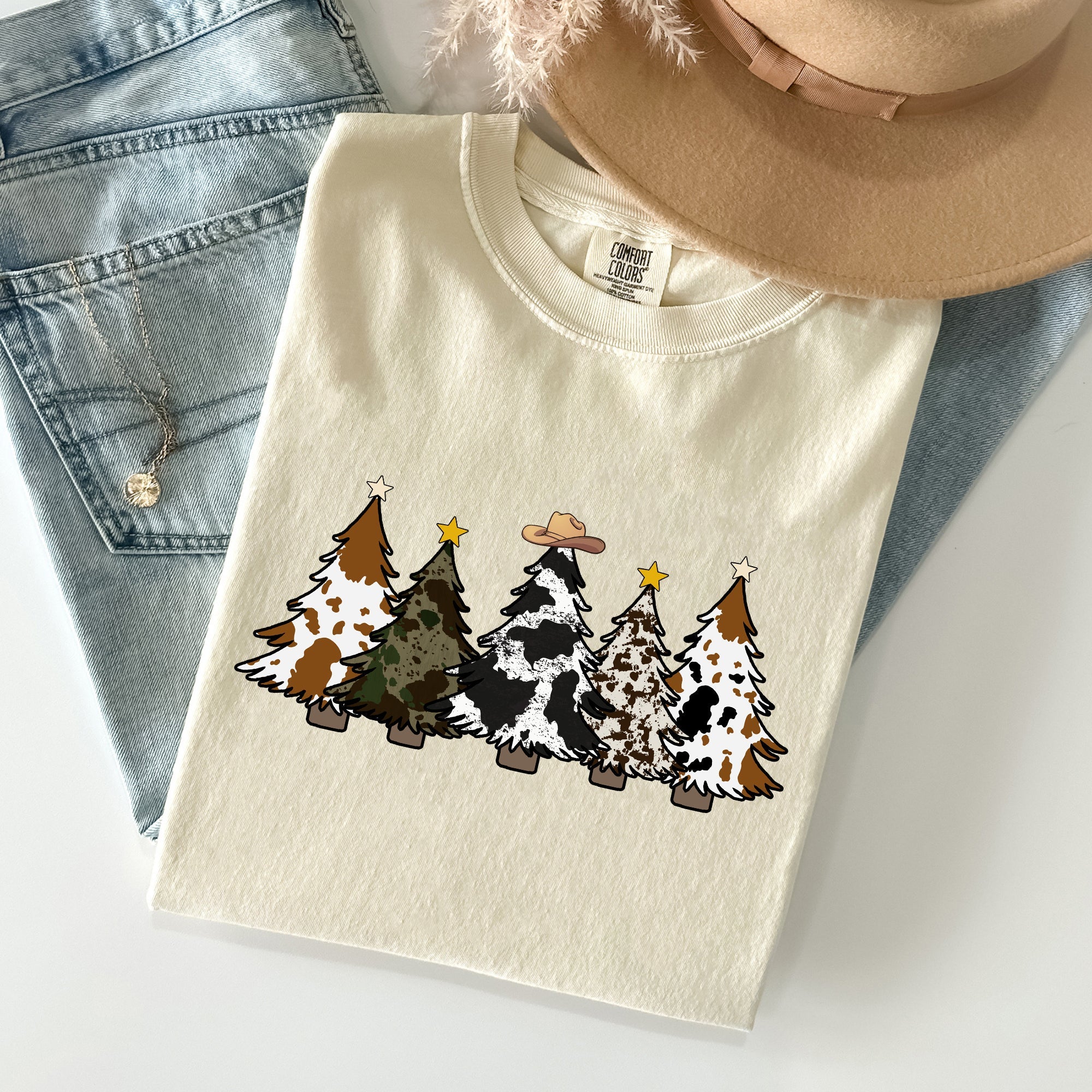 Cowboy Christmas Trees With Winter Snow Santa Silhouette Western Holiday Scene Comfort Colors Tee