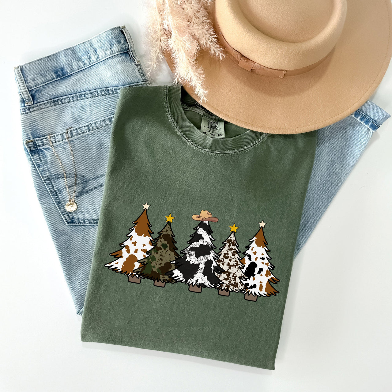 Cowboy Christmas Trees With Winter Snow Santa Silhouette Western Holiday Scene Comfort Colors Tee