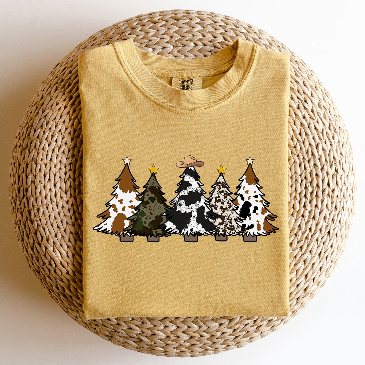 Cowboy Christmas Trees With Winter Snow Santa Silhouette Western Holiday Scene Comfort Colors Tee