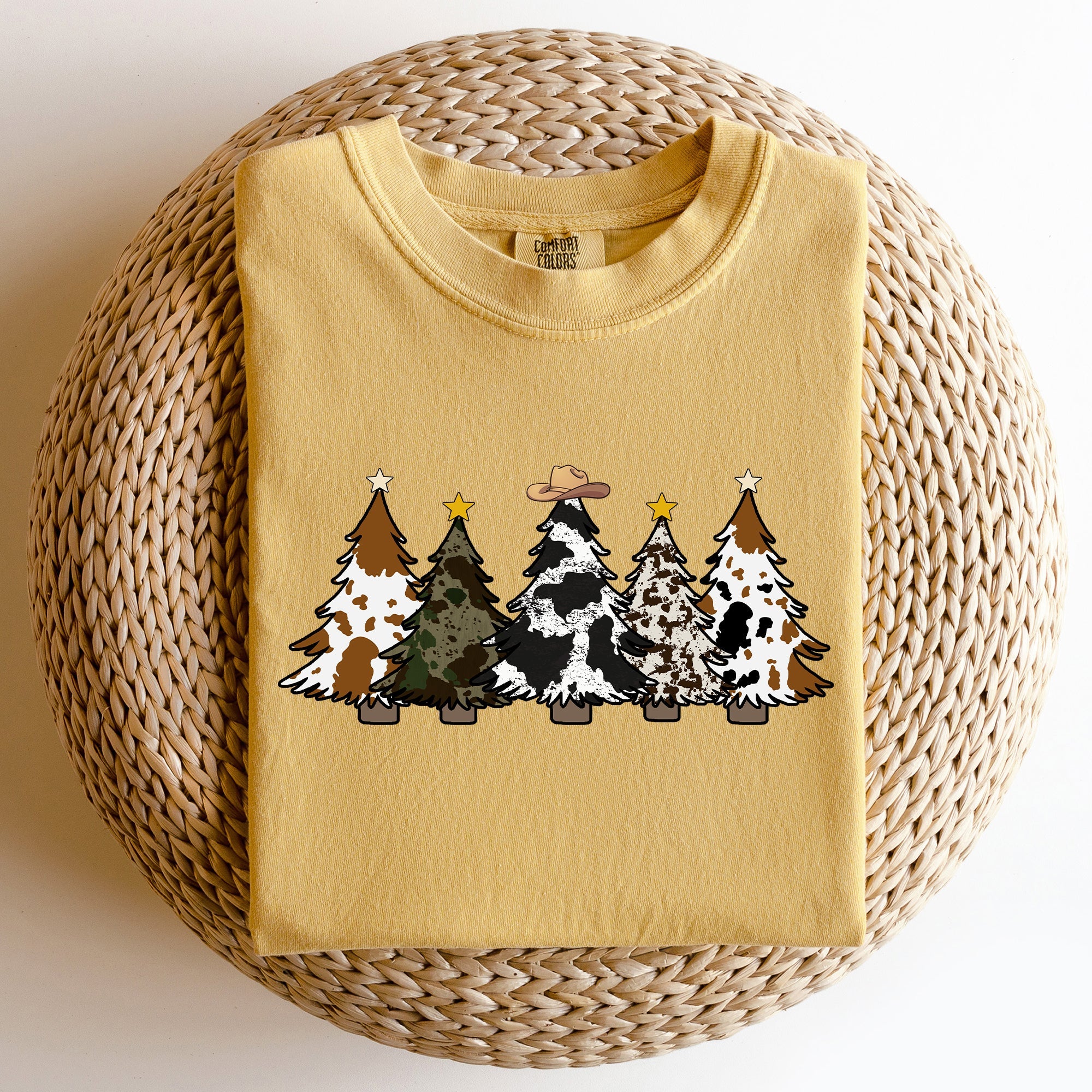 Cowboy Christmas Trees With Winter Snow Santa Silhouette Western Holiday Scene Comfort Colors Tee