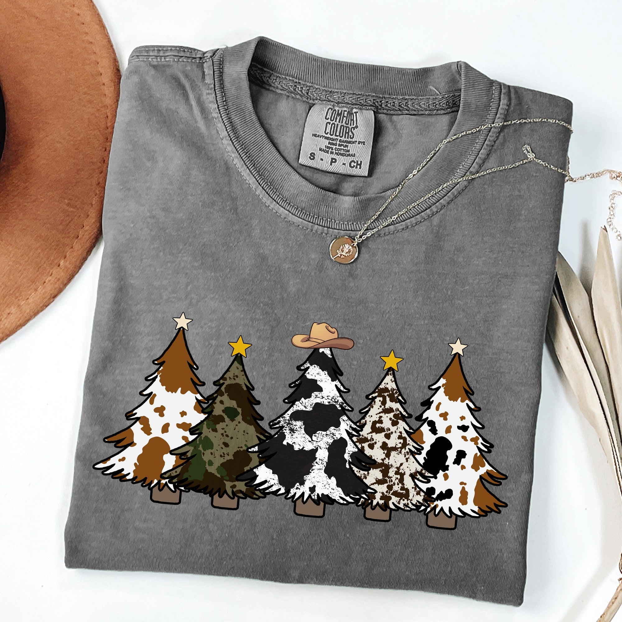 Cowboy Christmas Trees With Winter Snow Santa Silhouette Western Holiday Scene Comfort Colors Tee