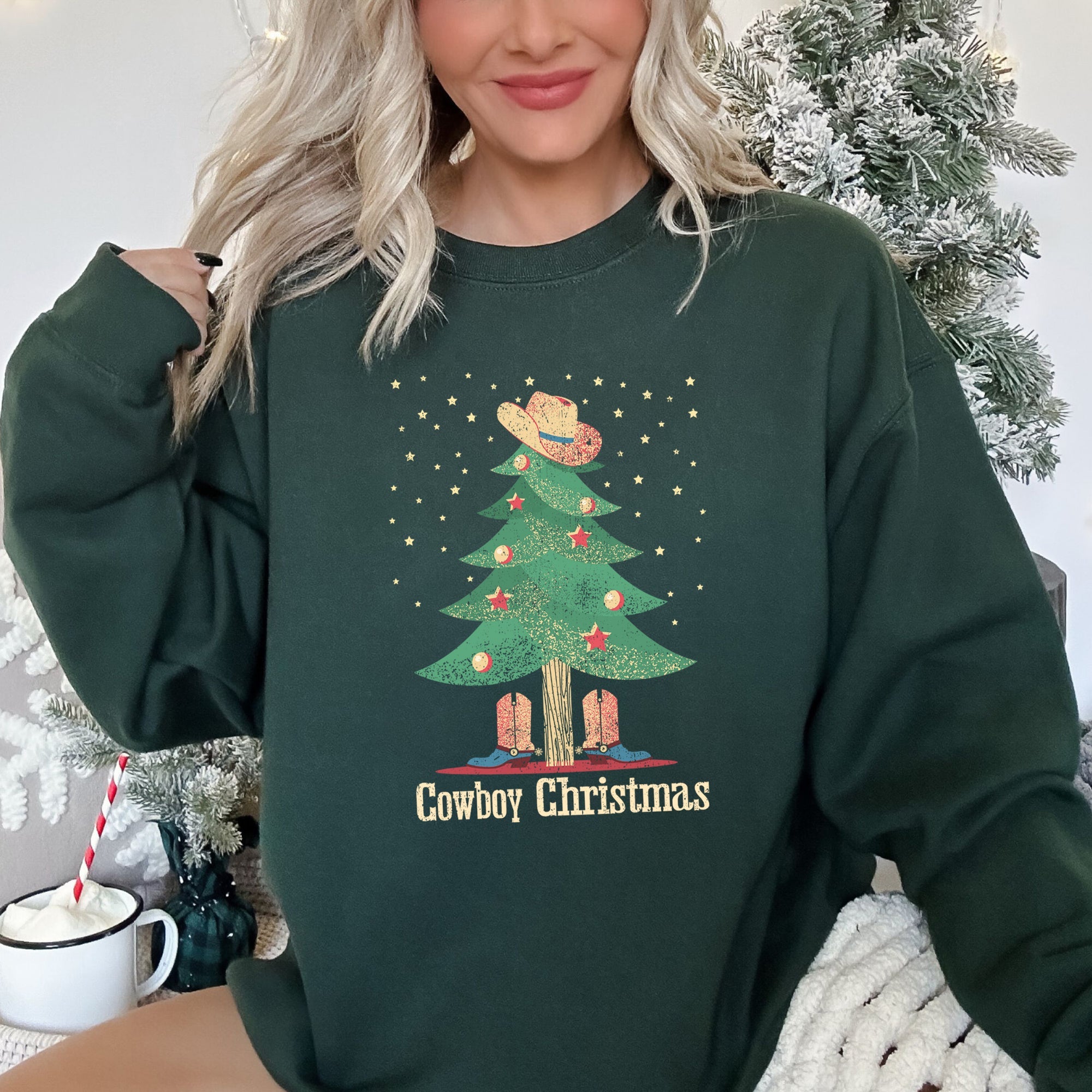 Cowboy Christmas Boots Festive Western Holiday Graphic Design Scene Cozy Sweatshirt