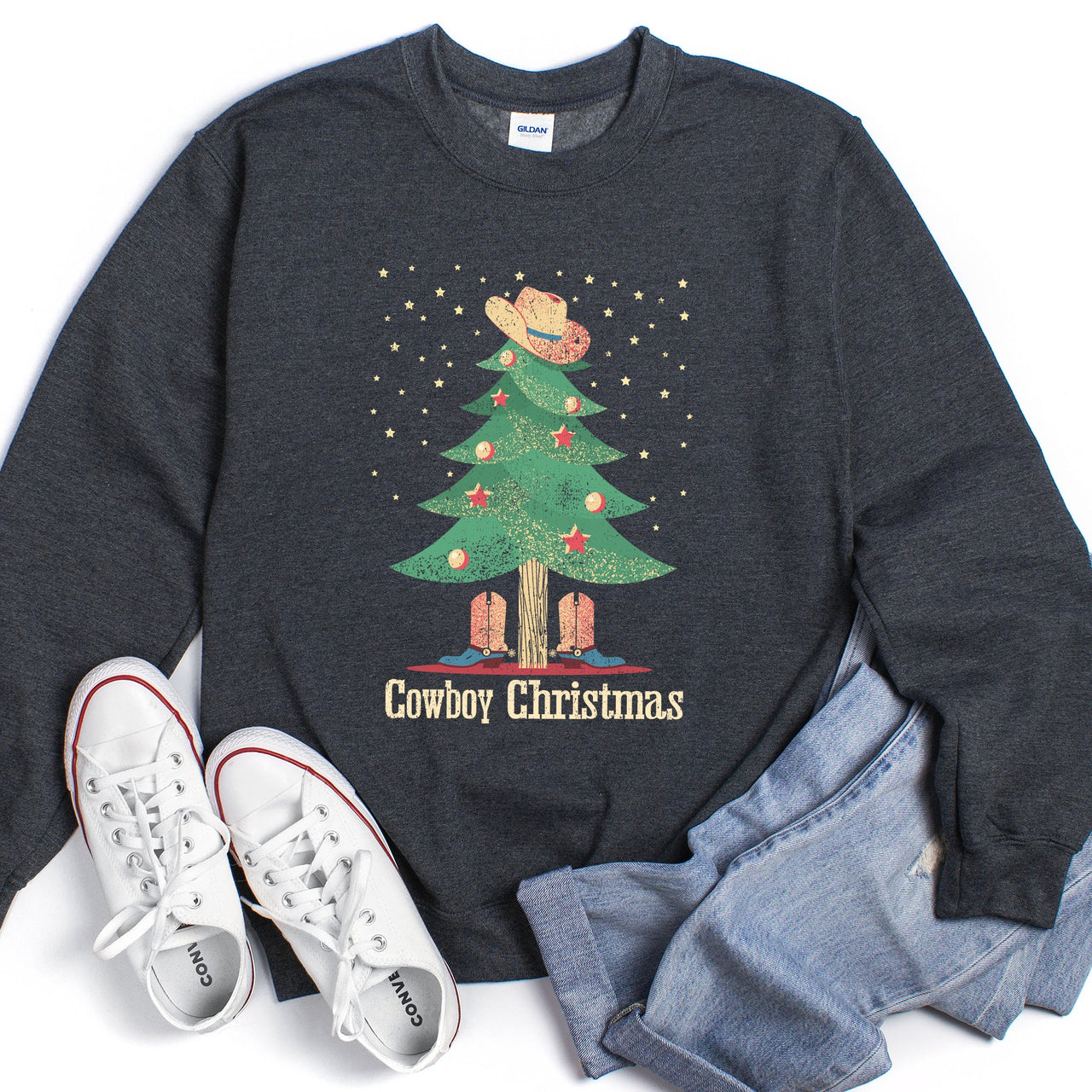 Cowboy Christmas Boots Festive Western Holiday Graphic Design Scene Cozy Sweatshirt