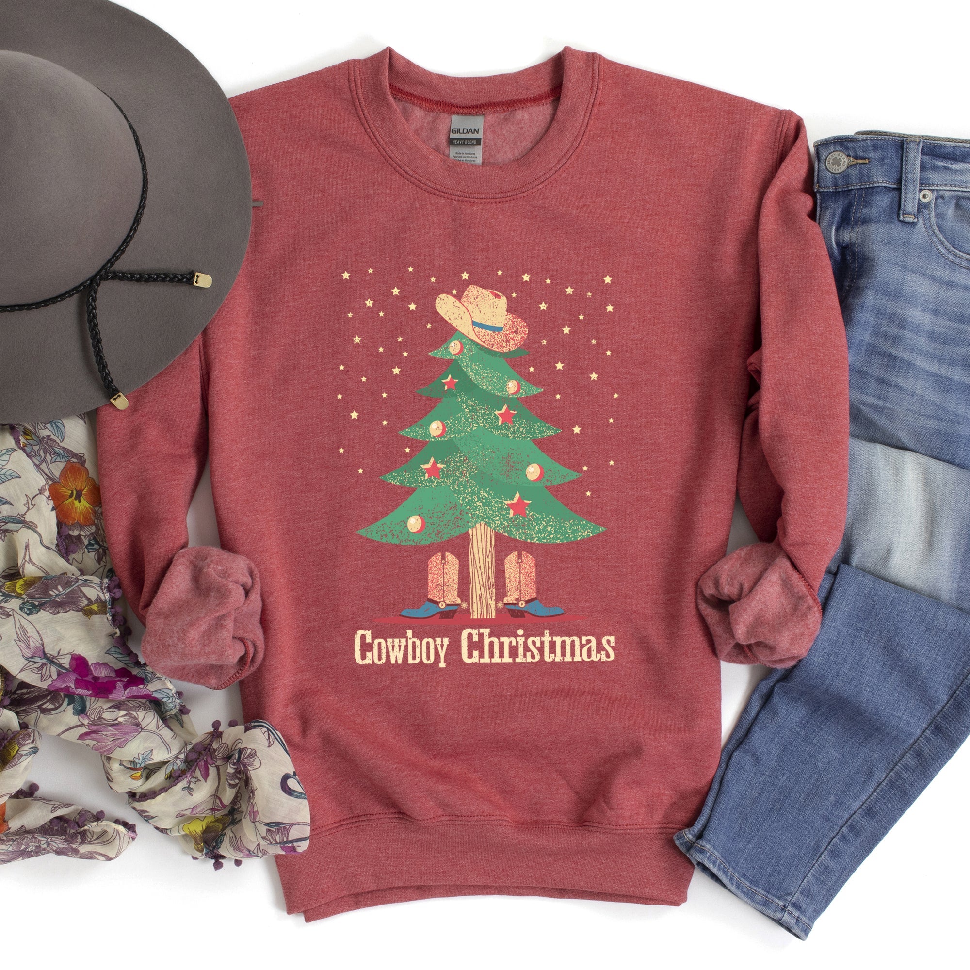 Cowboy Christmas Boots Festive Western Holiday Graphic Design Scene Cozy Sweatshirt