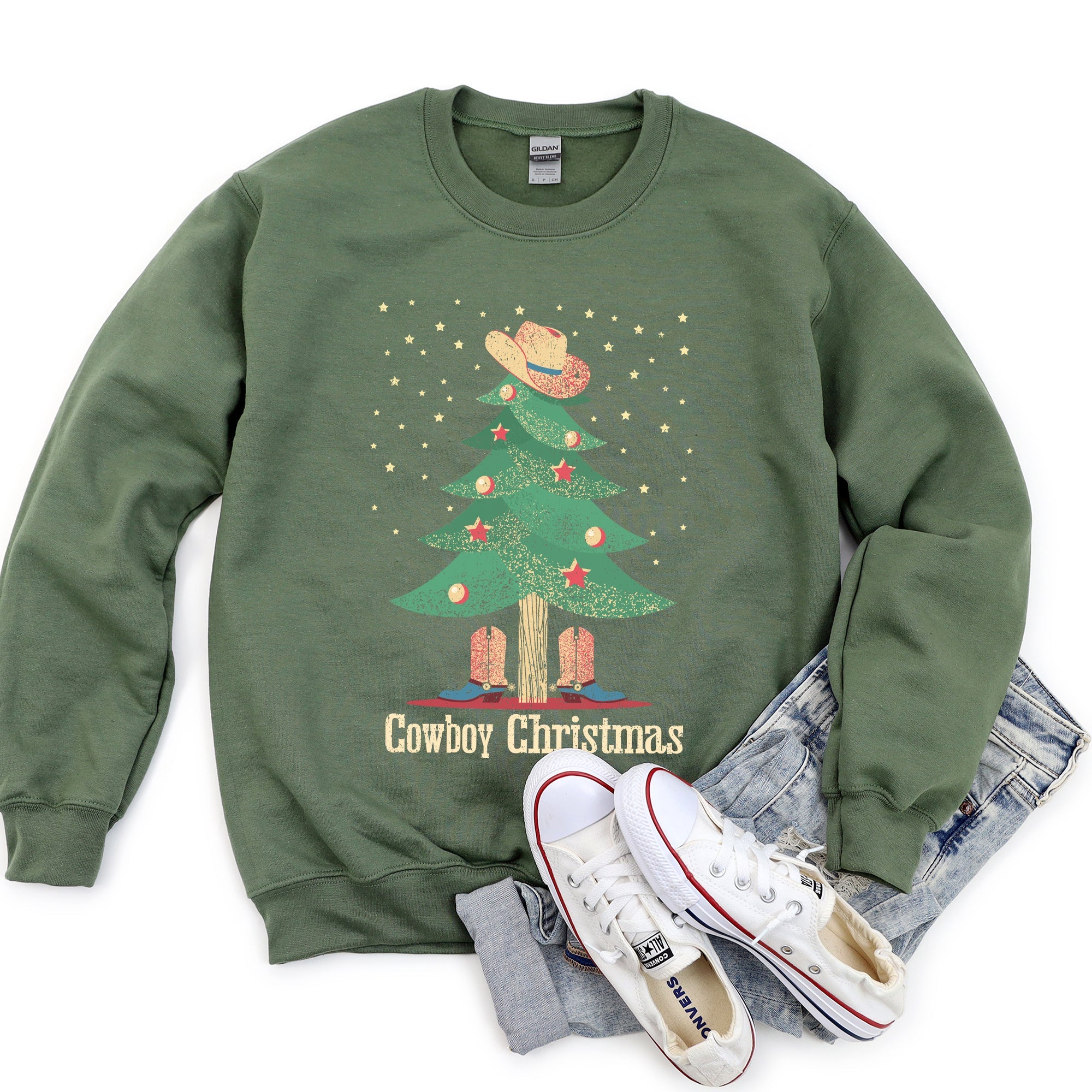 Cowboy Christmas Boots Festive Western Holiday Graphic Design Scene Cozy Sweatshirt