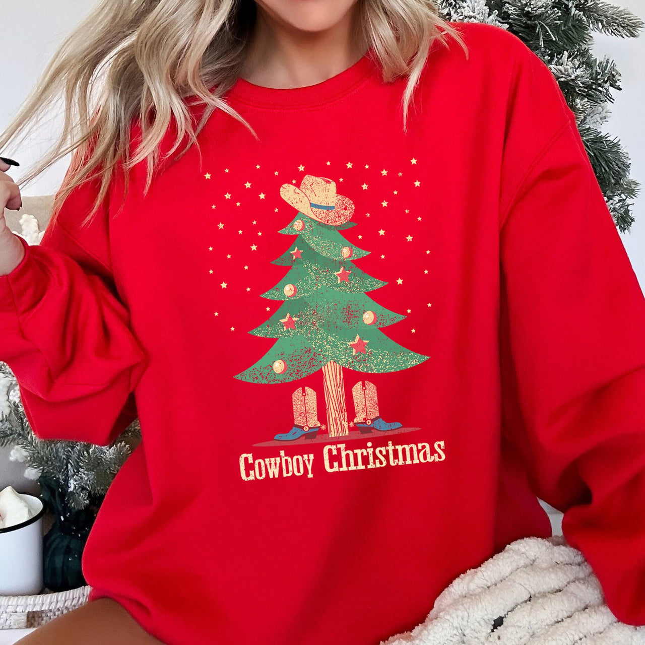 Cowboy Christmas Boots Festive Western Holiday Graphic Design Scene Cozy Sweatshirt