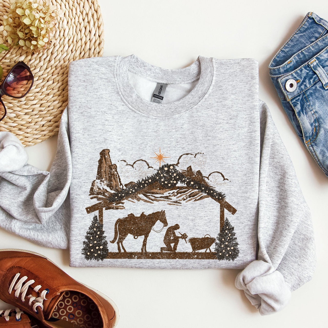 Cowboy Christmas Manger Christian Religious Nativity Western Faith Celebration Sweatshirt