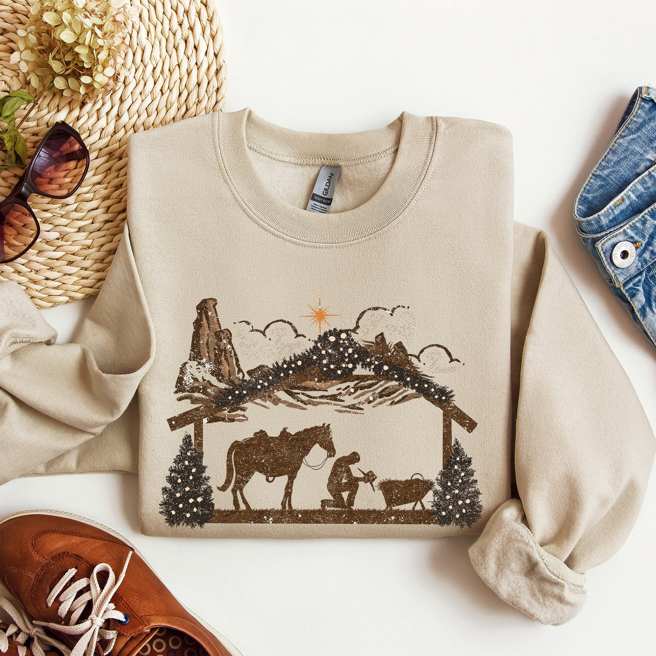 Cowboy Christmas Manger Christian Religious Nativity Western Faith Celebration Sweatshirt