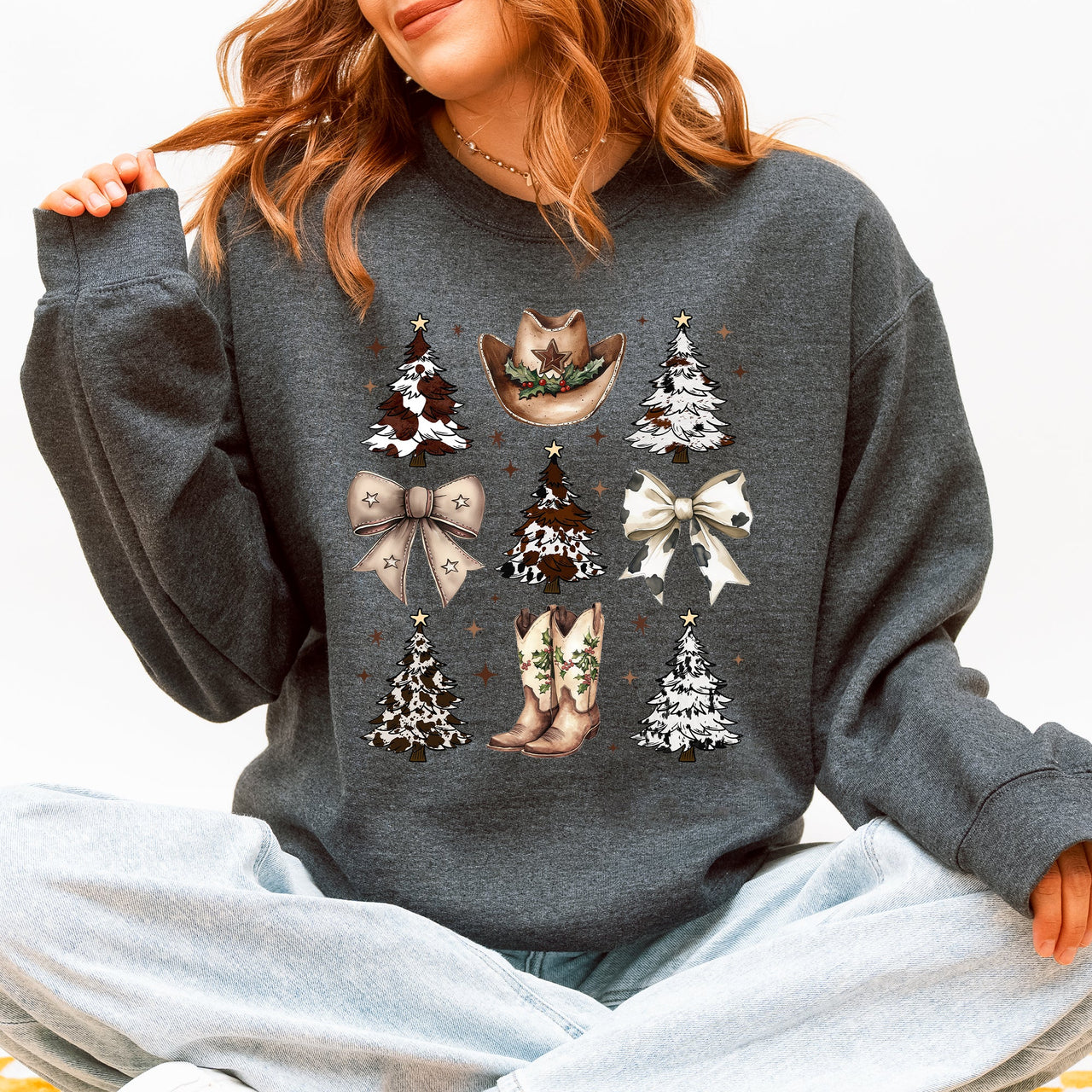 Cowboy Christmas Santa Western Trees Boots Hat Country Living Holiday Sweatshirt