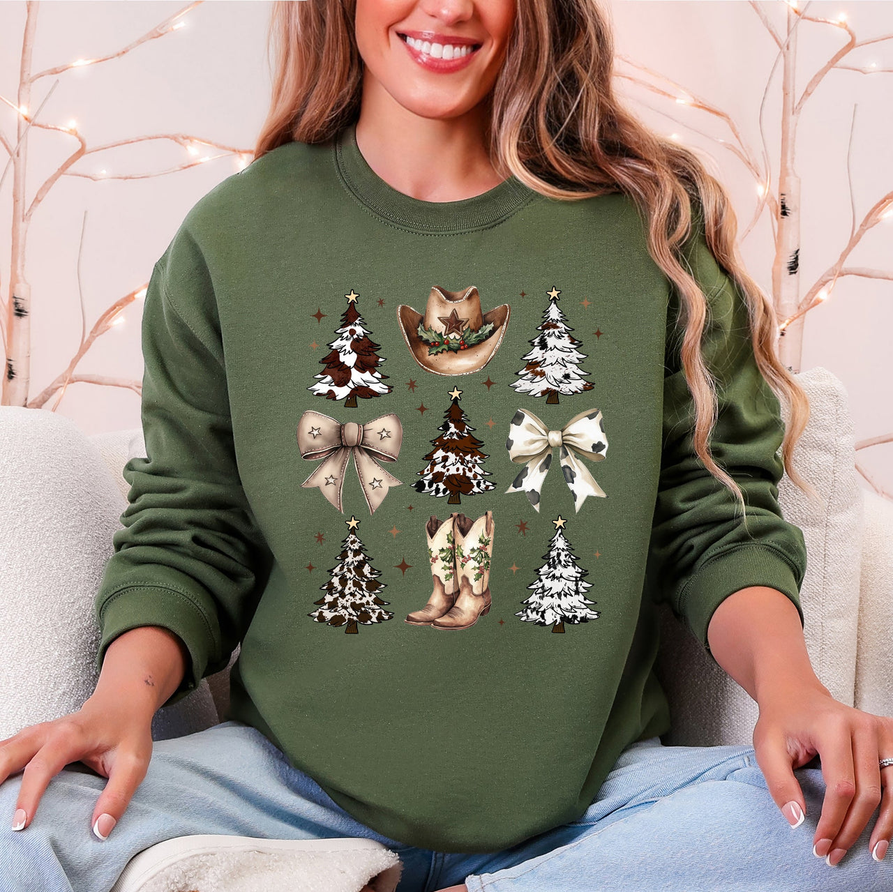 Cowboy Christmas Santa Western Trees Boots Hat Country Living Holiday Sweatshirt